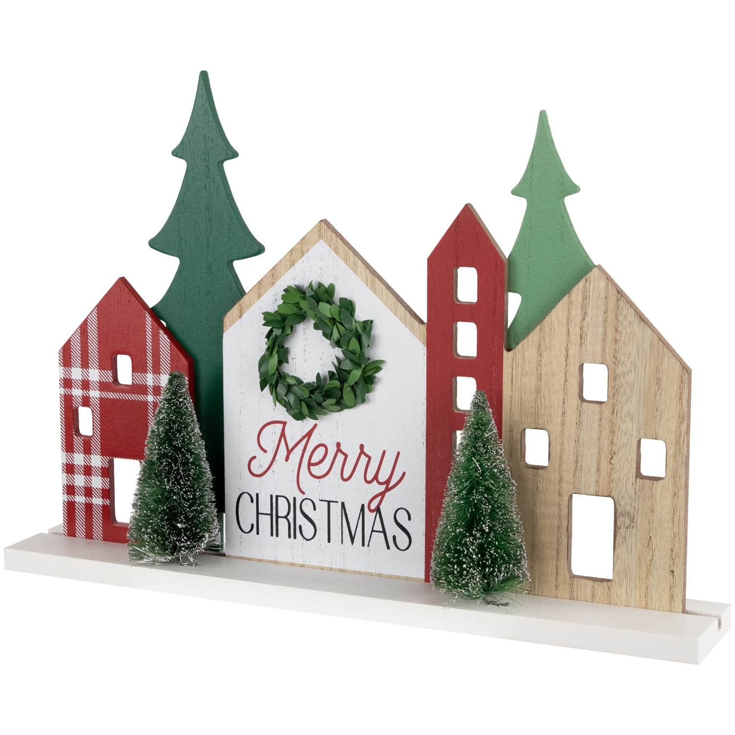 Wooden "Merry Christmas" Houses with Trees Decoration - 15" - Red and Green