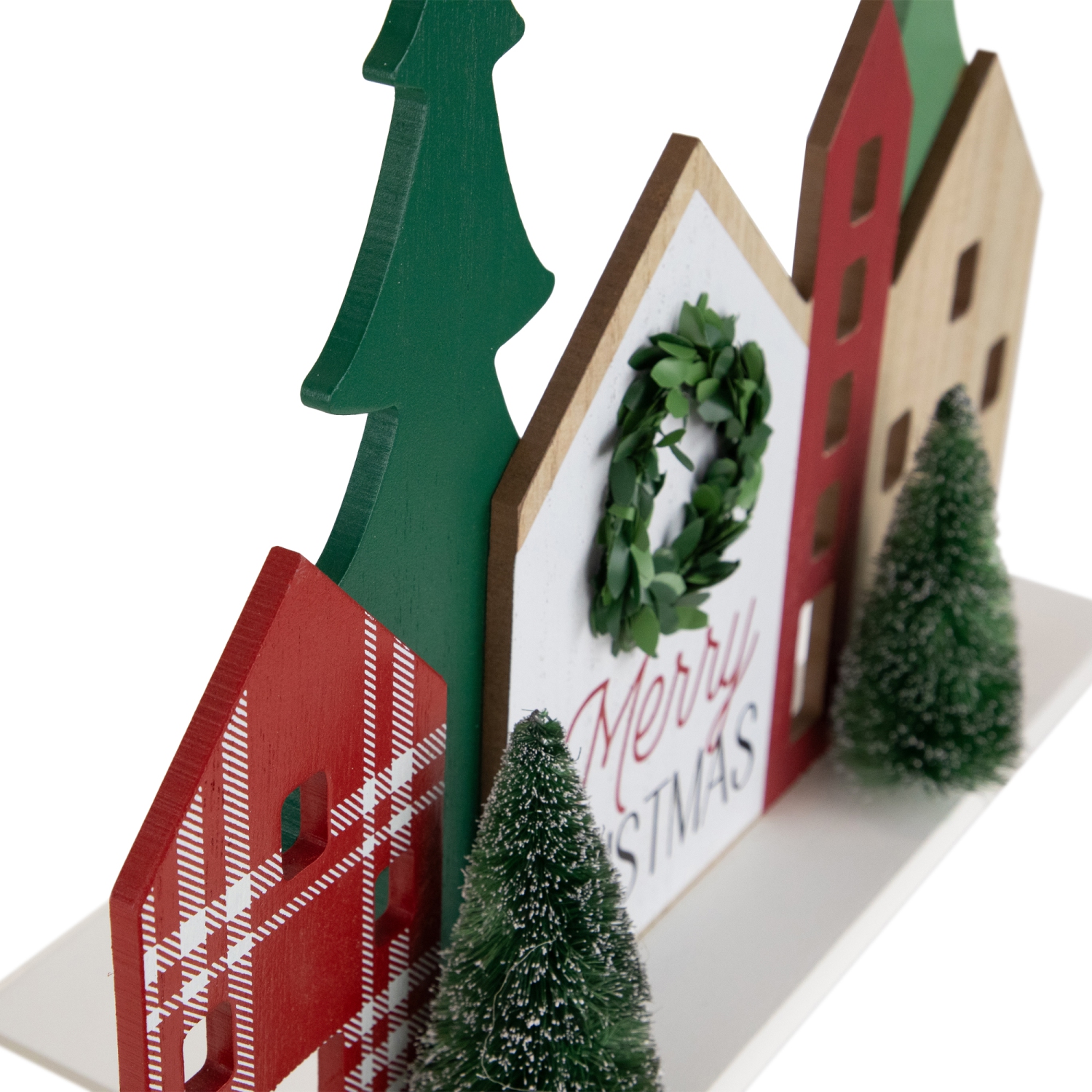 Wooden "Merry Christmas" Houses with Trees Decoration - 15" - Red and Green