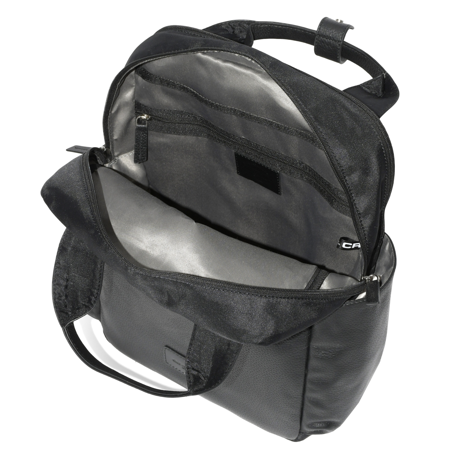 Black Dual compartment Unisex Backpack with two side pockets,One front  quilted pocket with metal zip closures and leather puller ties.