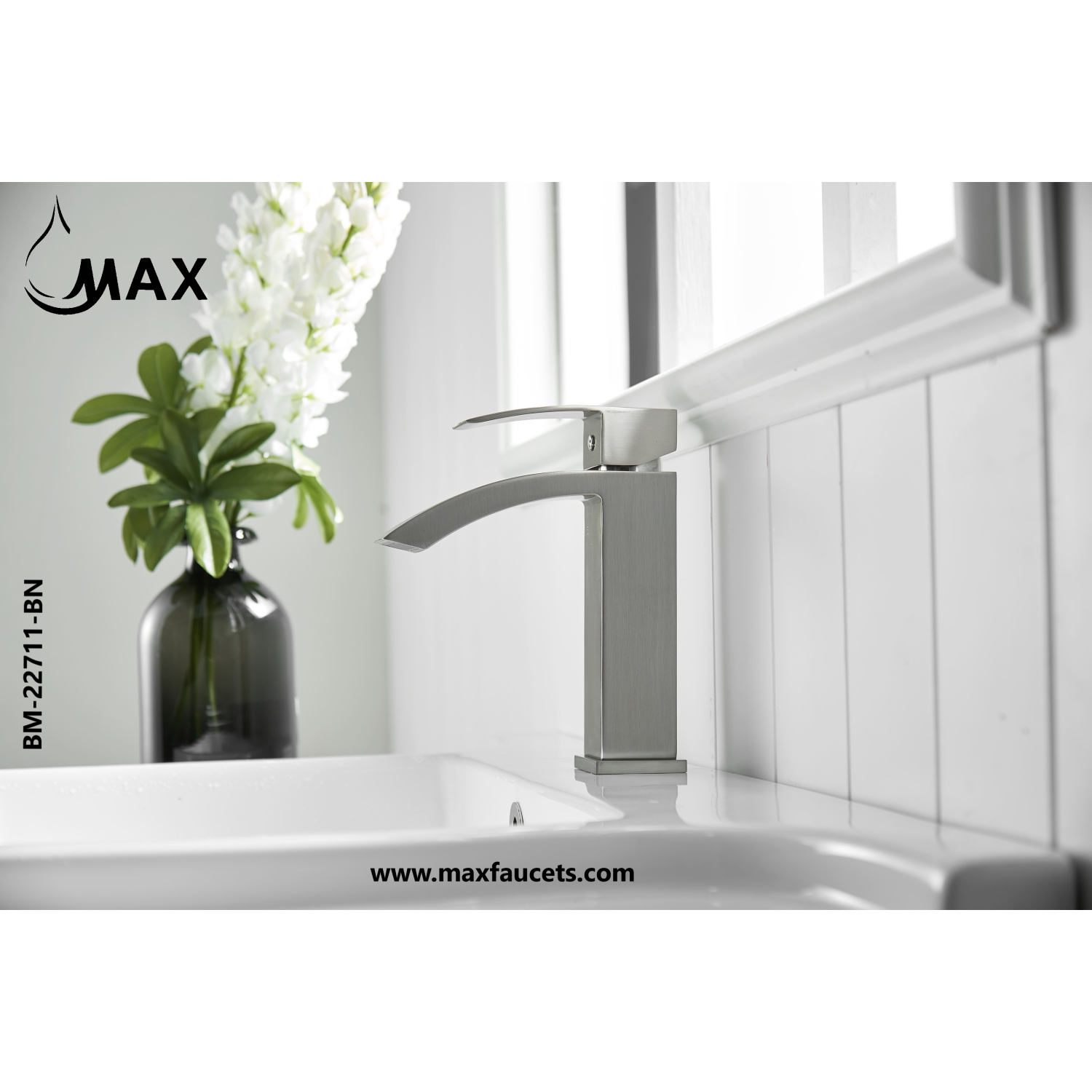 MAX Faucets Waterfall Single Handle Bathroom Faucet Brushed Nickel Finish