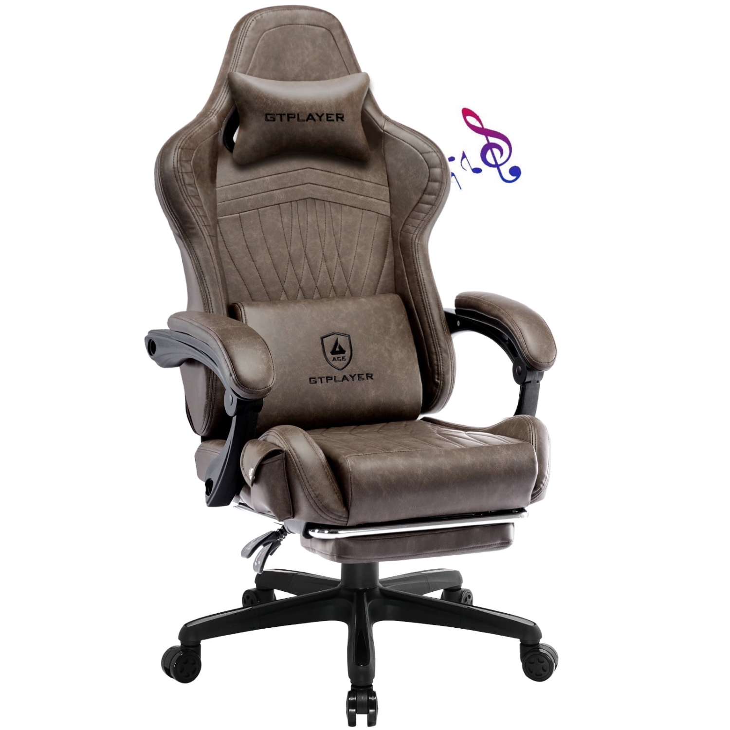 GTPLAYER PRO Gaming Chair with Footrest, Dual Bluetooth 5.1 Speakers PVC leather Recliner, Light Brown