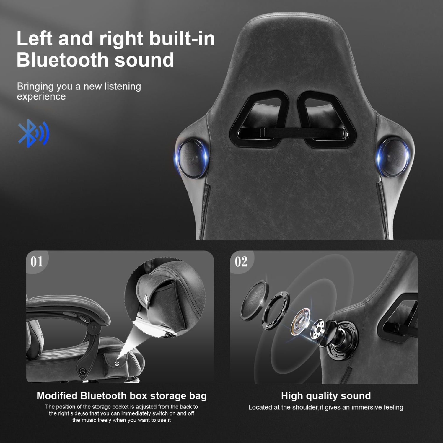 Fauteuil de jeu GTPLAYER PRO avec repose-pieds, deux haut-parleurs Bluetooth 5,1 inclinables en cuir PVC, gris