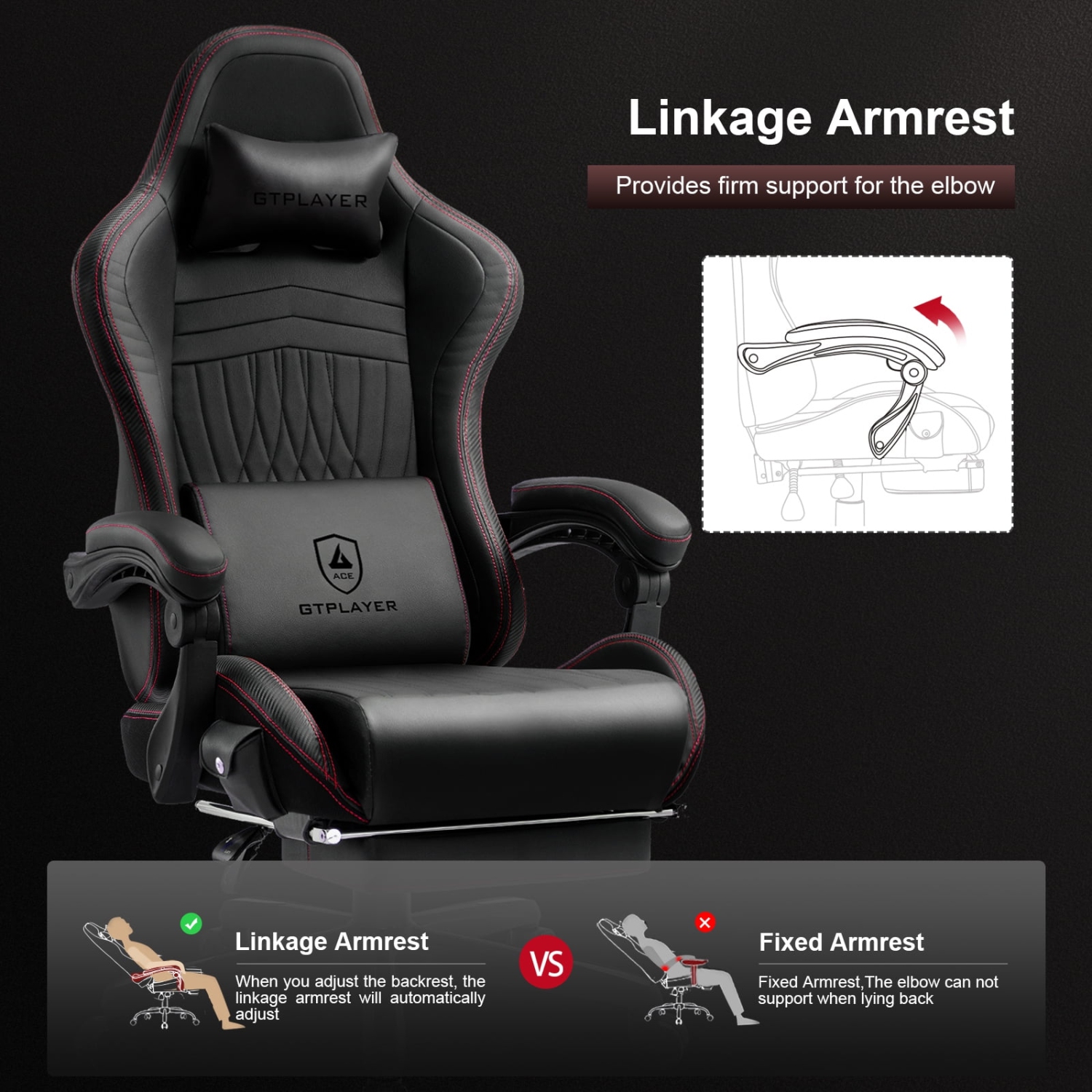 Fauteuil de jeu GTPLAYER PRO avec repose-pieds, deux haut-parleurs Bluetooth 5,1 inclinables en cuir PVC, rouge