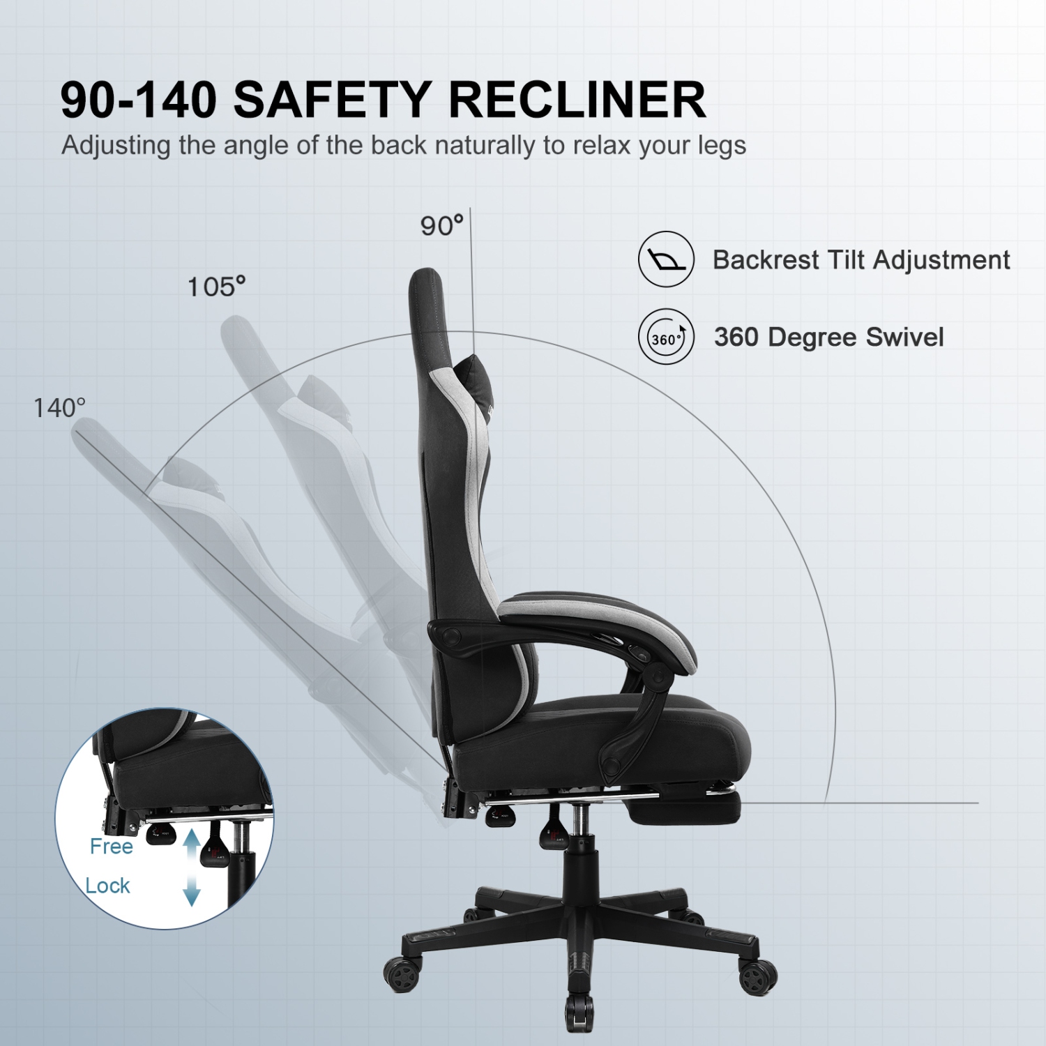 Fauteuil de jeu GTPLAYER avec repose-pieds et ressorts ensachés, coussin et accoudoirs, ergonomique, noir