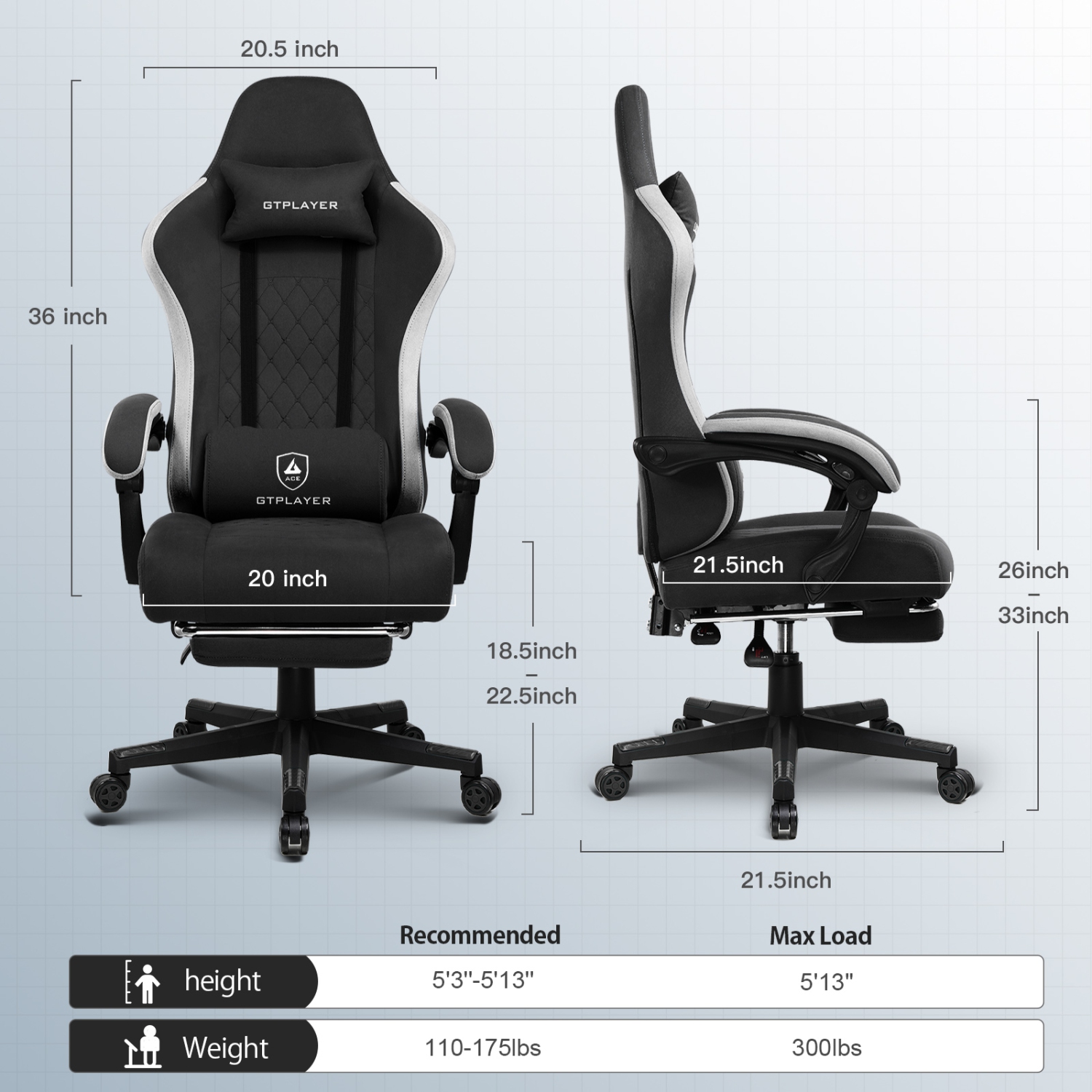 Fauteuil de jeu GTPLAYER avec repose-pieds et ressorts ensachés, coussin et accoudoirs, ergonomique, noir
