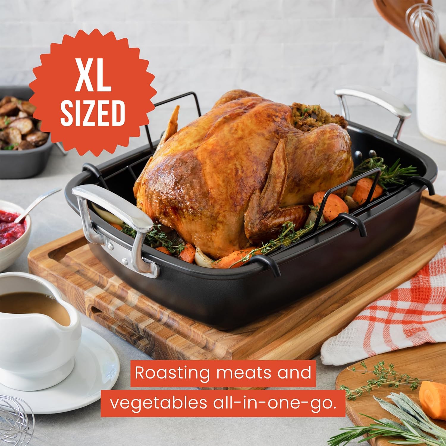 Chef Pomodoro Deluxe Large Carbon Steel Roasting Pan with U-Rack, 18.5 x 14.5-Inch, Extra-Large, Grey – The Ultimate Solution for Flawless Roasts