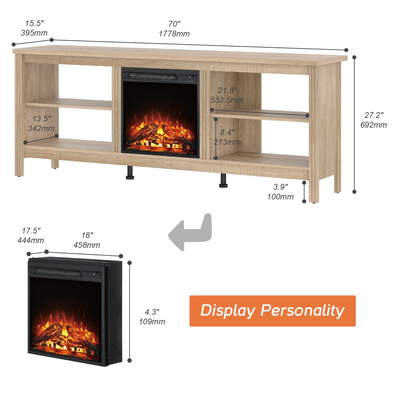 Meuble pour téléviseur WAMPAT avec foyer pour meuble télé de 75 po, meuble pour téléviseur électrique en bois Fire place avec 4 Storages pour chambre