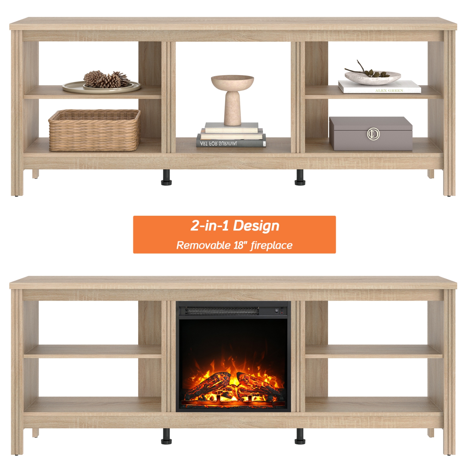 Meuble pour téléviseur WAMPAT avec foyer pour meuble télé de 75 po, meuble pour téléviseur électrique en bois Fire place avec 4 Storages pour chambre