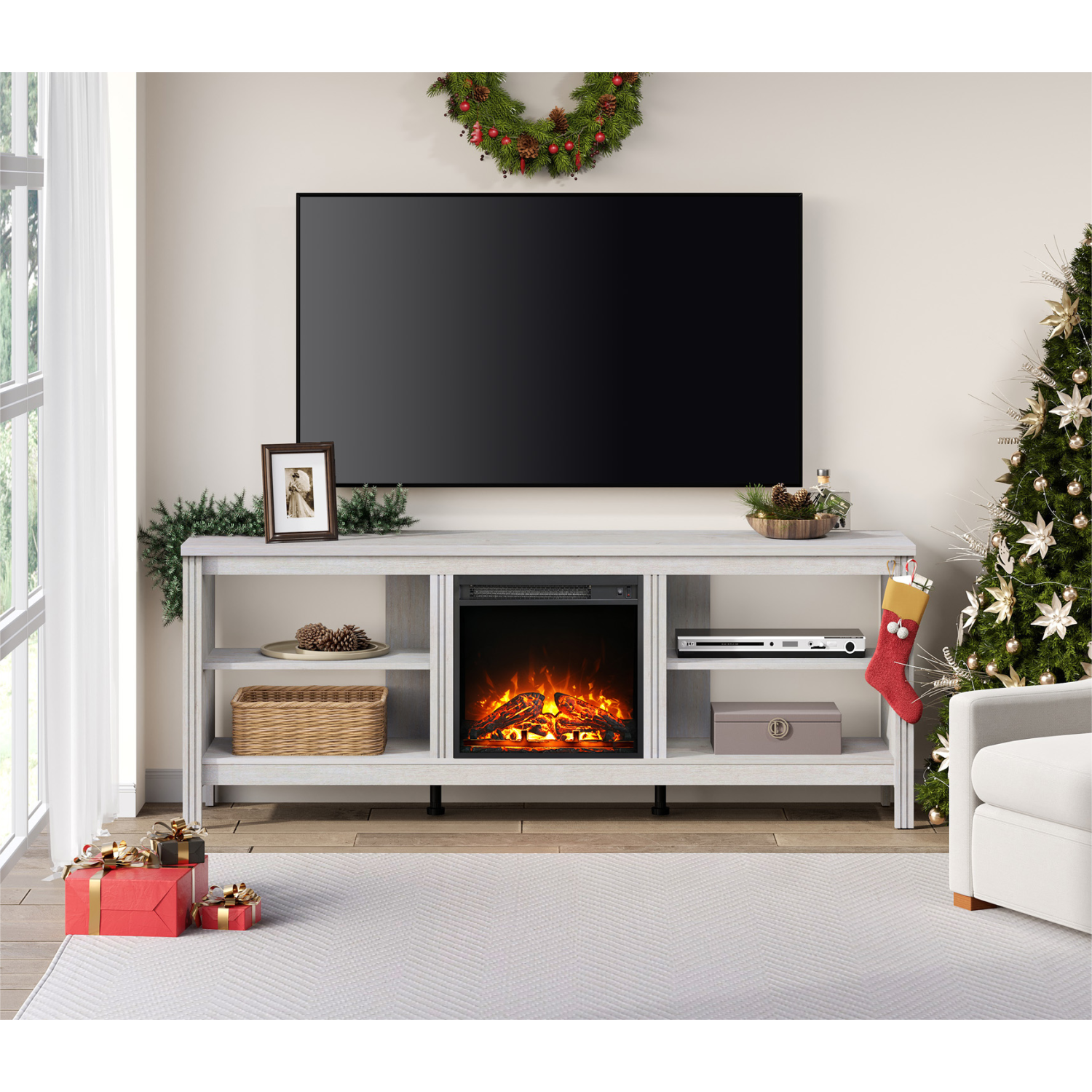 WAMPAT Fireplace TV Stand for 75 Inch TV Entertainment Center, Electric Fire Place Wood TV Console Table Cabinet with 4 Storages for Living Room Bedroom,70'' White