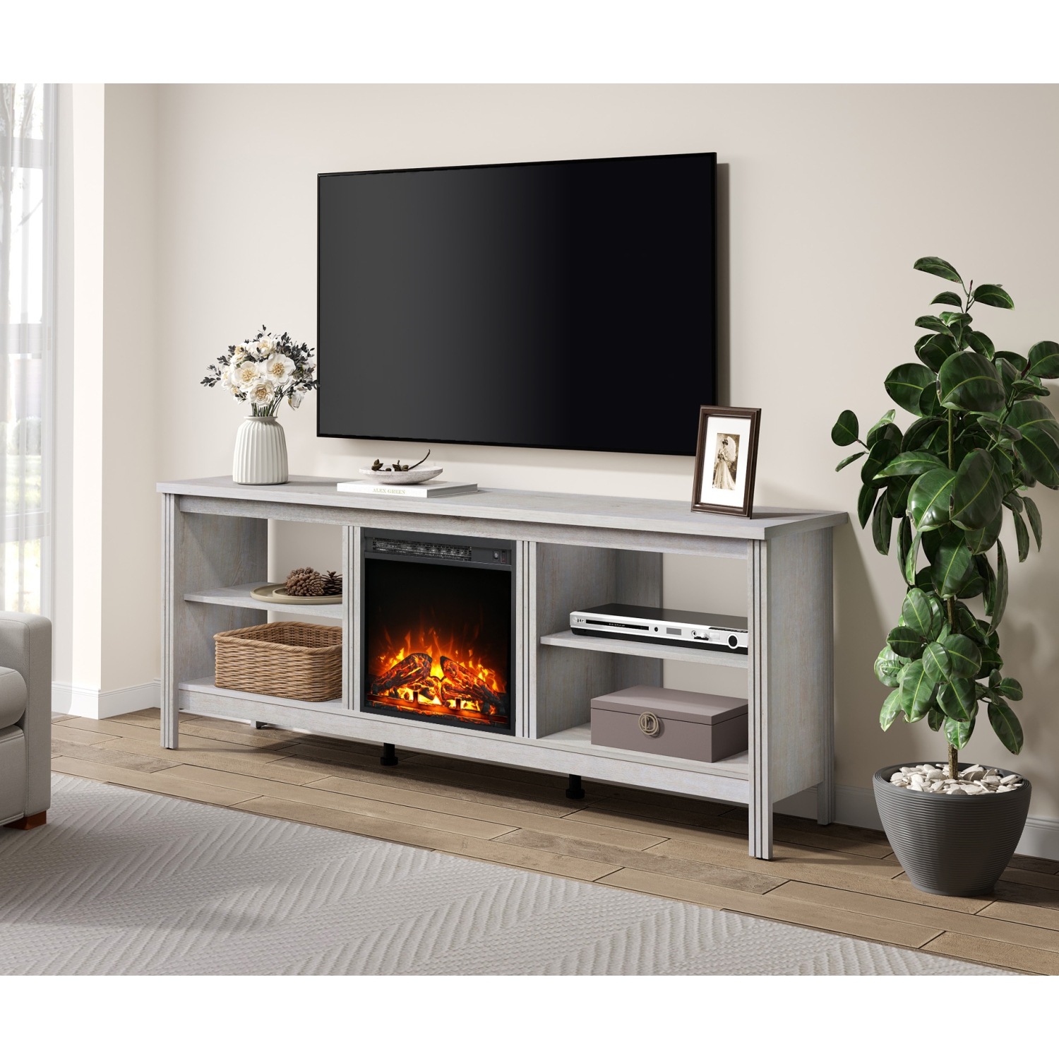 WAMPAT Fireplace TV Stand for 75 Inch TV Entertainment Center, Electric Fire Place Wood TV Console Table Cabinet with 4 Storages for Living Room