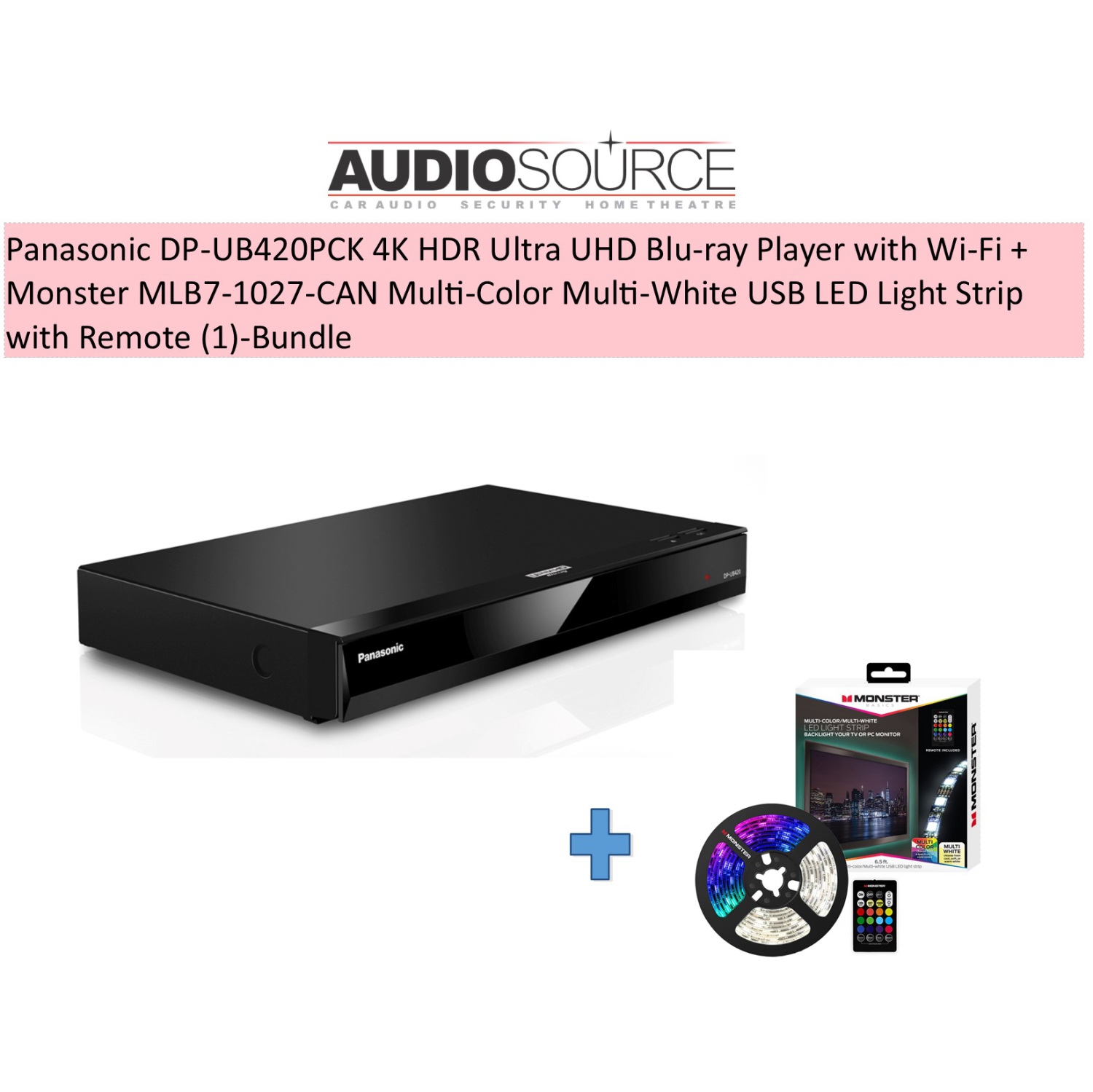 Panasonic DP-UB420PCK 4K HDR Ultra UHD Blu-ray Player with Wi-Fi + Monster MLB7-1027-CAN Multi-Color Multi-White USB LED Light Strip with Remote (1)-Bundle