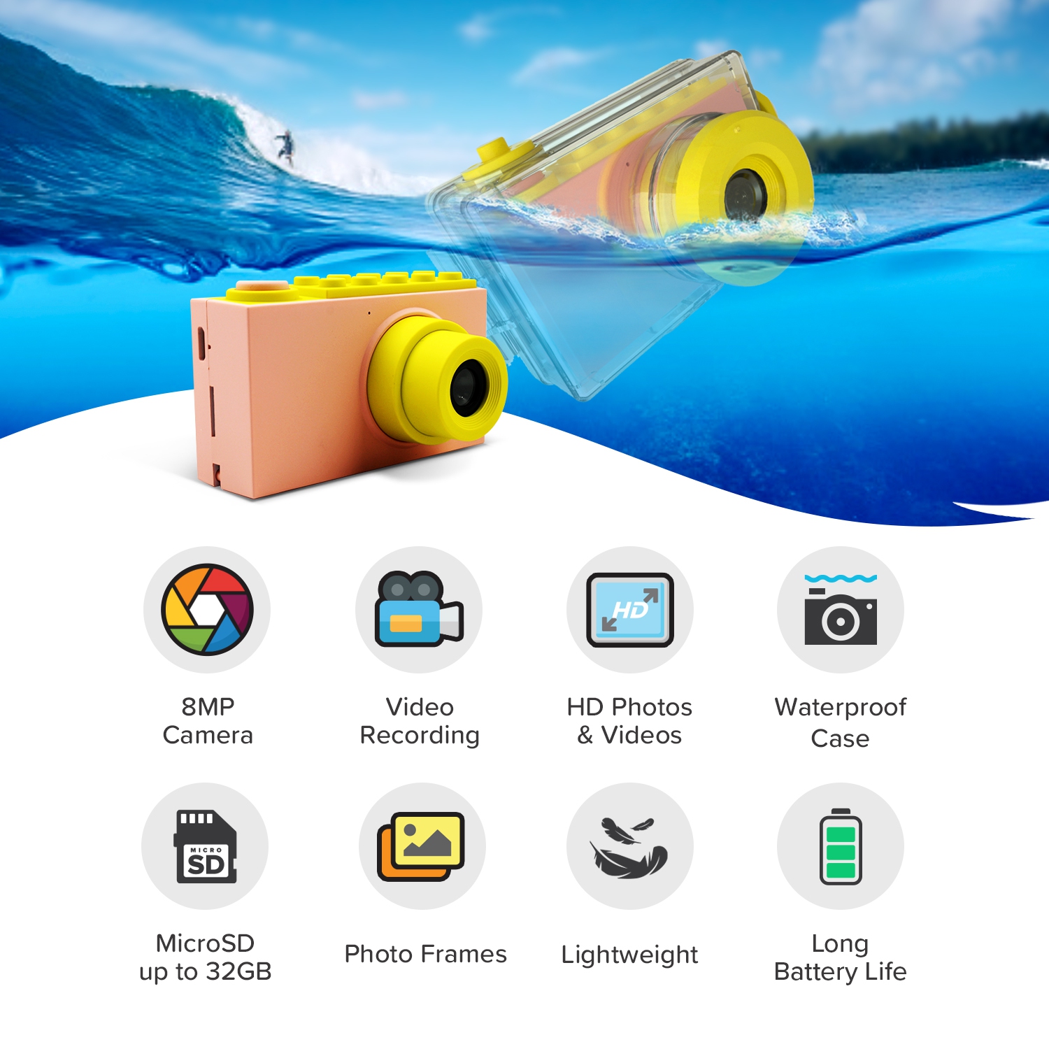 myFirst Camera 2 Kids Action Camera with IPX8 Waterproof & Shockproof Case, 1080p Video 8MP Photo, Tripod Mount, Action Camera for Swimming, Gift for