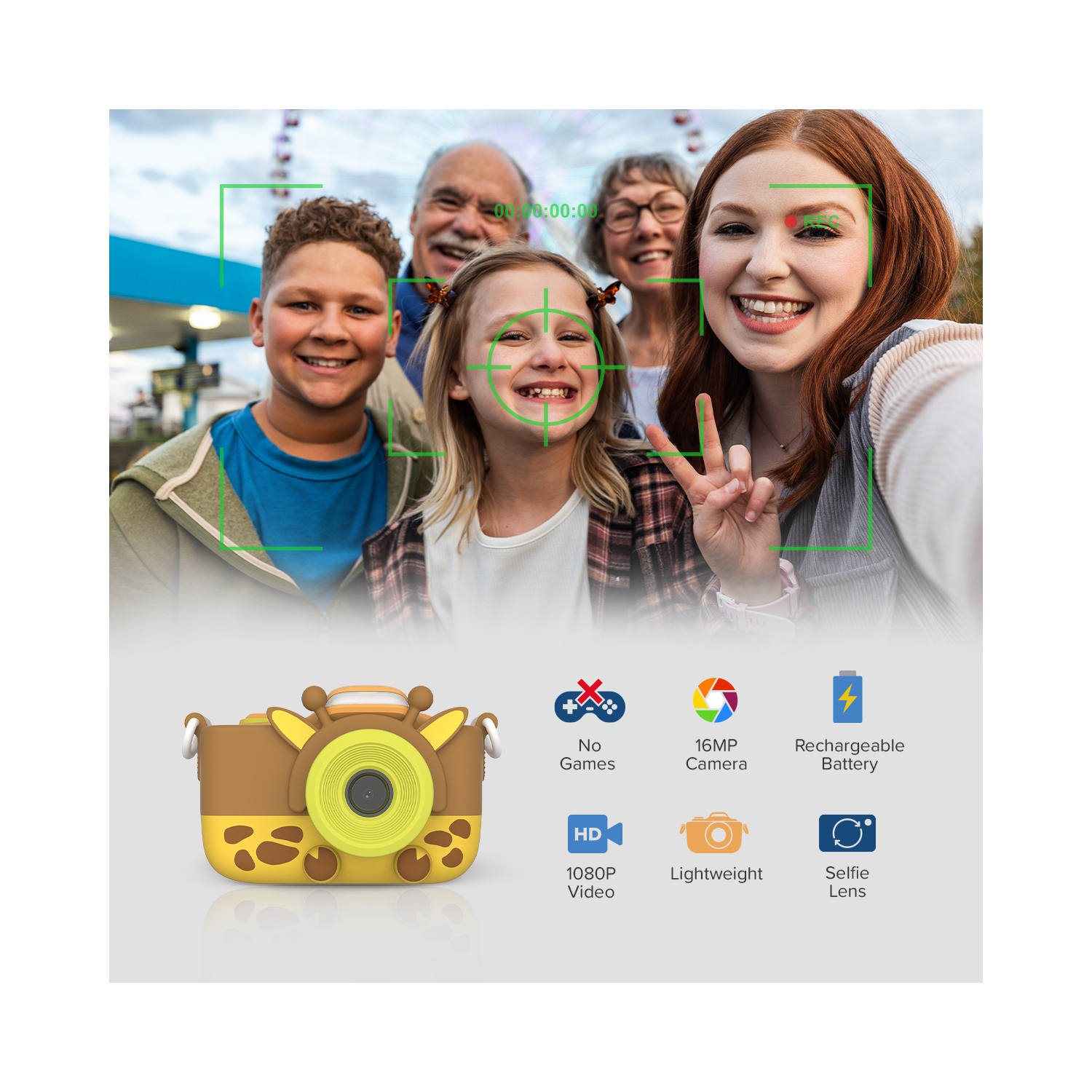 myFirst Camera 3 Kids Digital Camera, Video Camera for Toddlers, 16MP 1080HD Video, MicroSD Card, Selfie & Macro Lens, Neck Lanyard Gift for Kids 3-12