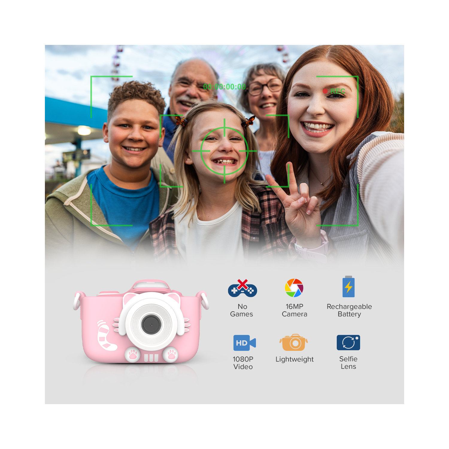 Appareil photo numérique myFirst Camera 3 pour enfants, caméra vidéo pour tout-petits, vidéo 16&nbsp;Mpx 1080HD, carte MicroSD, égoportrait et