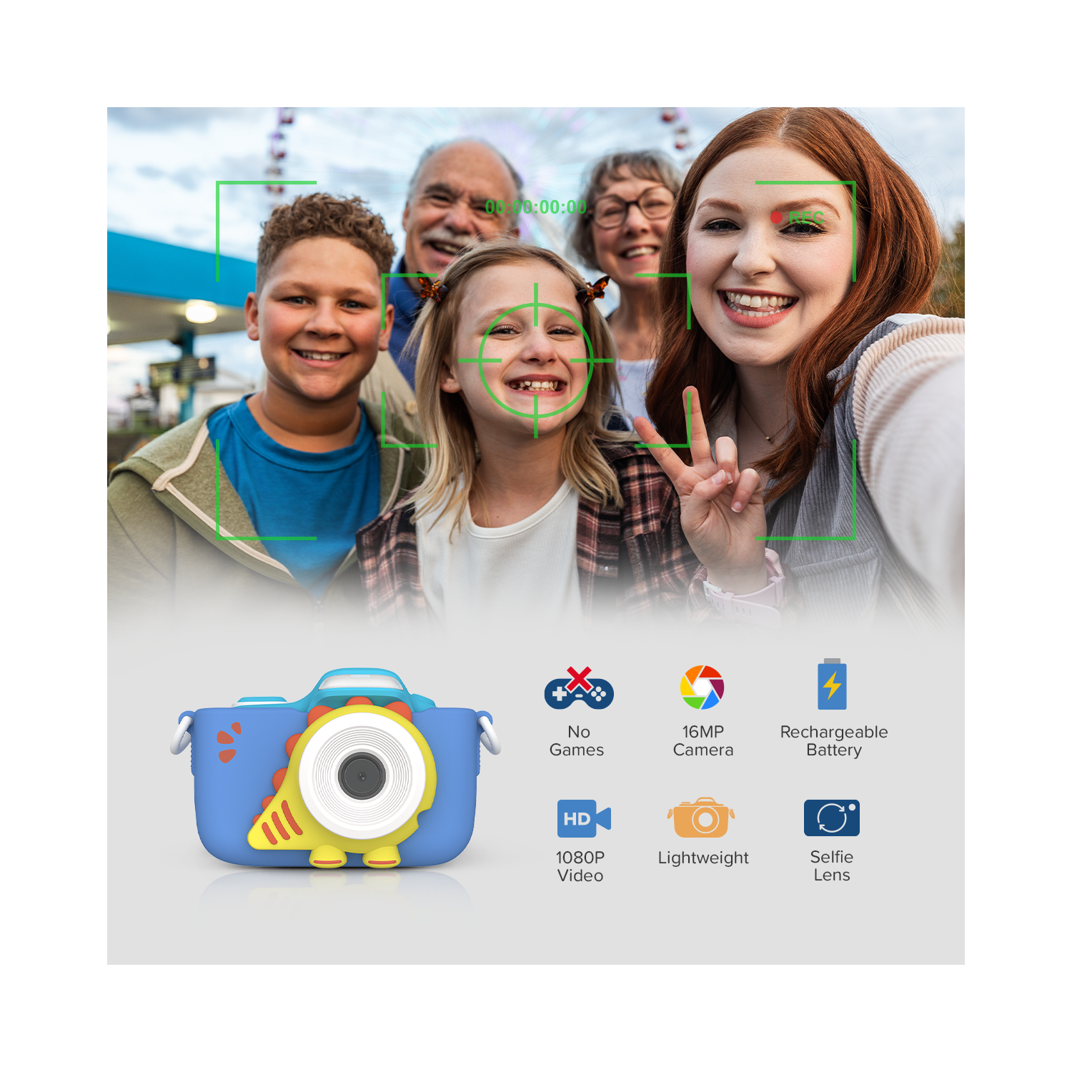 myFirst Camera 3 Kids Digital Camera, Video Camera for Toddlers, 16MP 1080HD Video, MicroSD Card, Selfie & Macro Lens, Neck Lanyard Gift for Kids 3-12