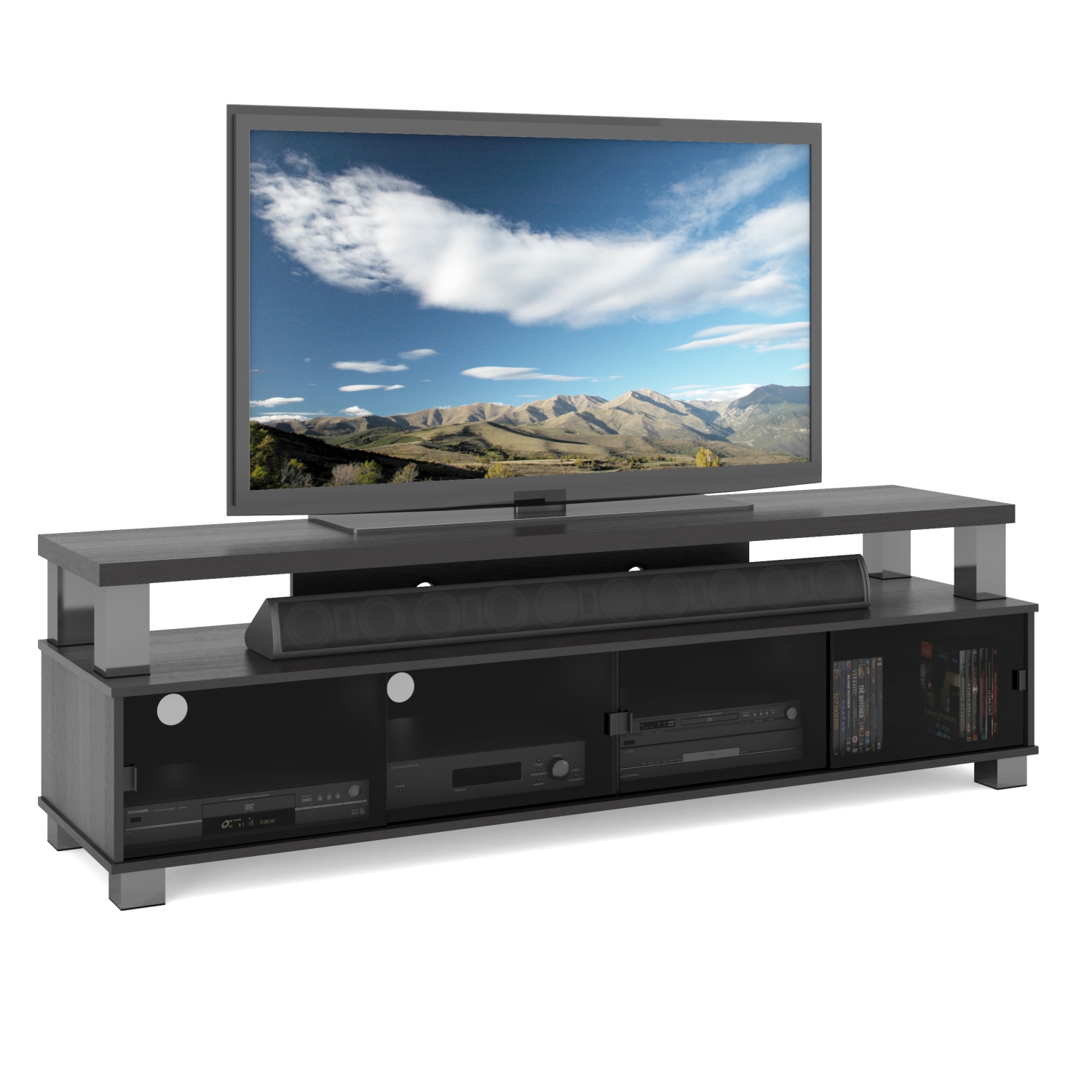 CorLiving Bromley 75'' Wide Ravenwood Black Wooden TV Stand with 4 Glass Doors, for TVs up to 95"