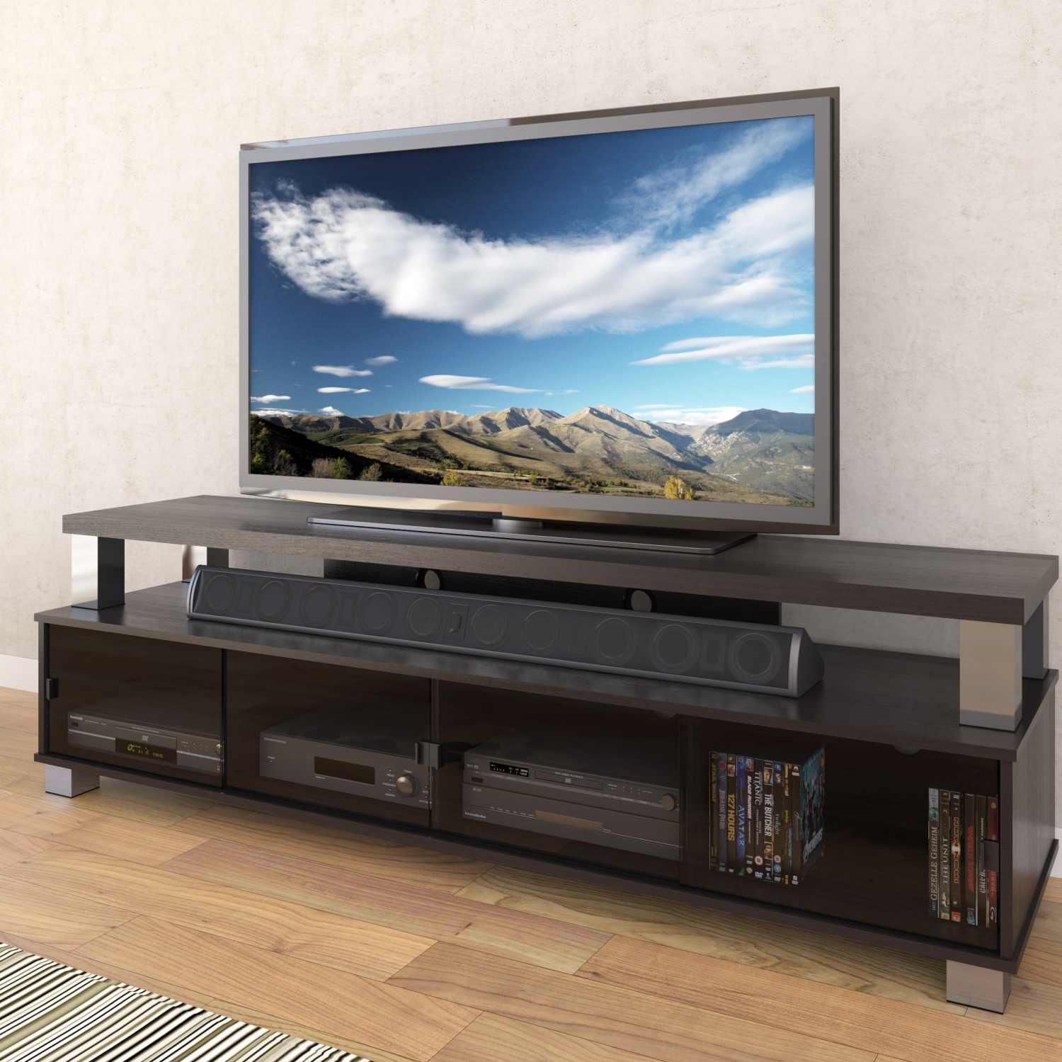 CorLiving Bromley 75'' Wide Ravenwood Black Wooden TV Stand with 4 Glass Doors, for TVs up to 95"