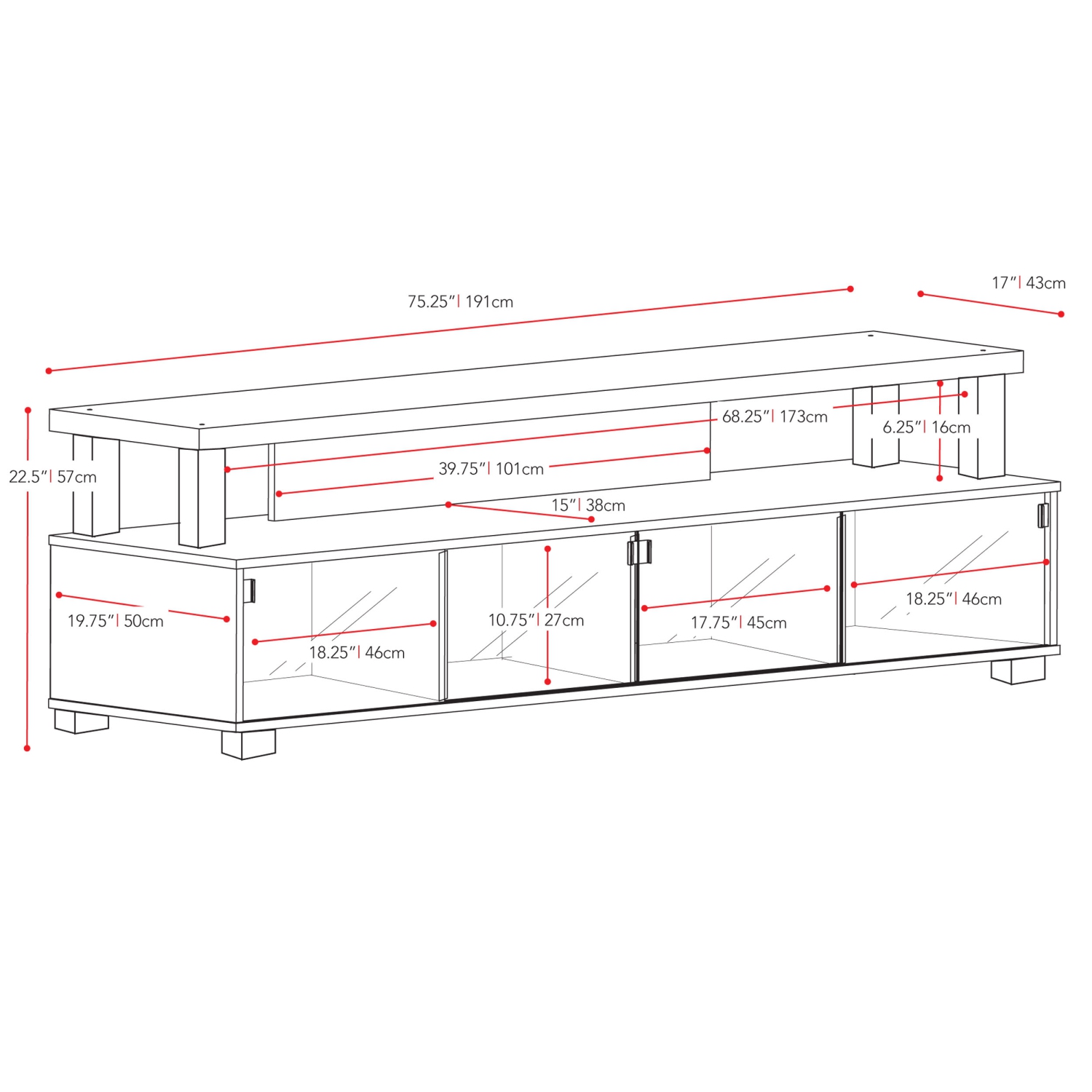 CorLiving Bromley 75'' Wide Ravenwood Black Wooden TV Stand with 4 Glass Doors, for TVs up to 95"