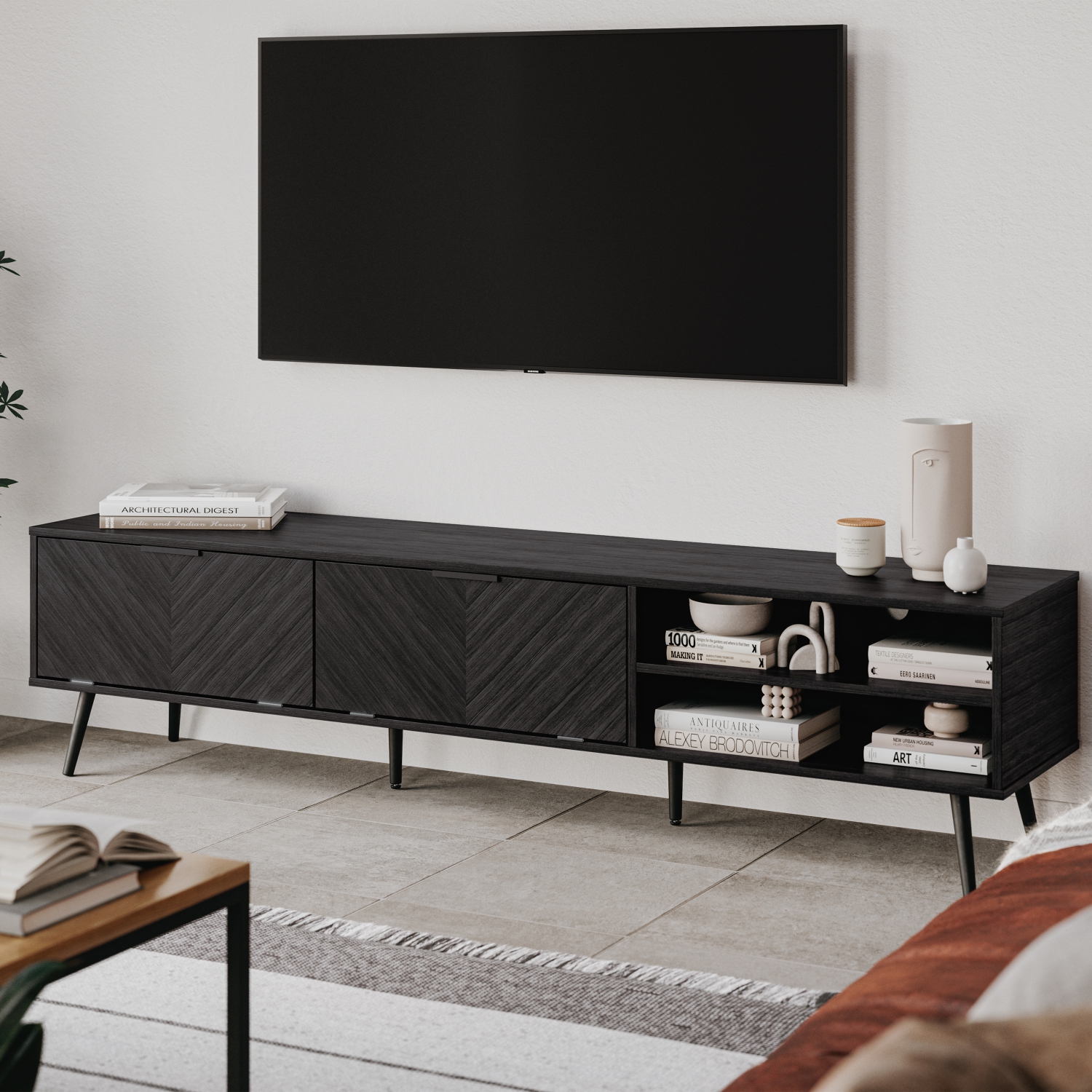 CorLiving Himari Modern Dark Grey TV Stand with Storage Drawers, TV Table Stand - TVS UP TO 85"