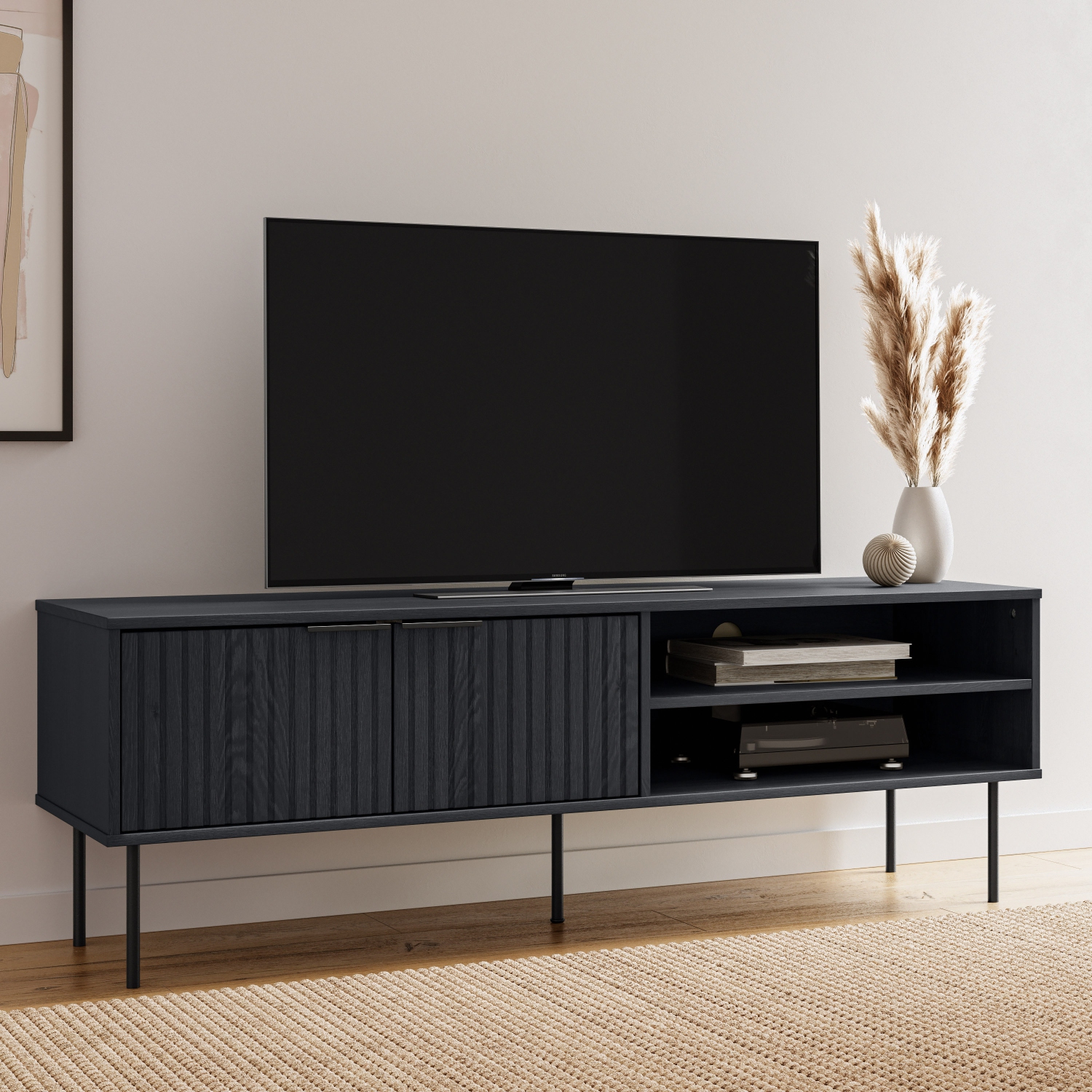CorLiving Lysander 59'' Wide Black Fluted TV Stand with Two Doors and Shelves