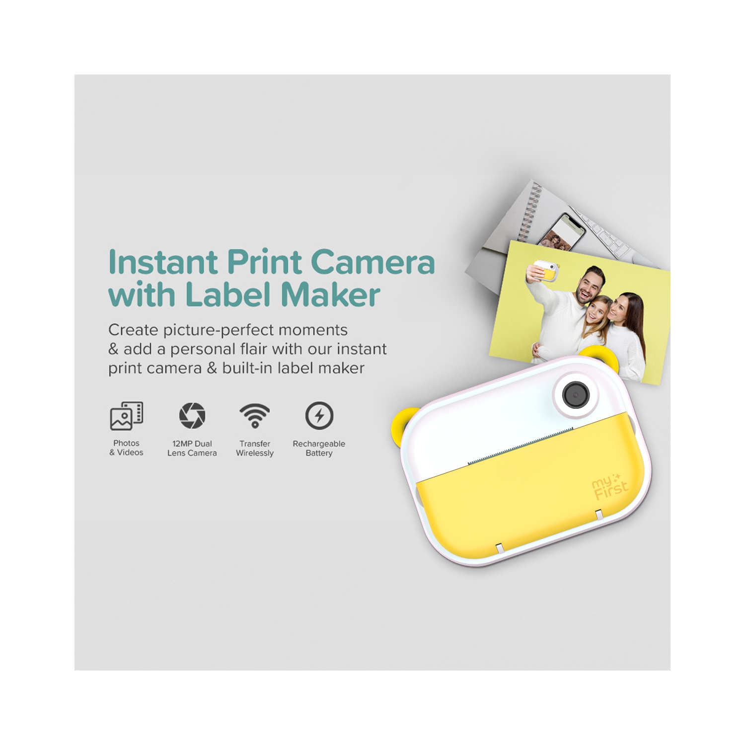 Appareil photo Wi-Fi myFirst Insta à impression instantanée pour enfants avec objectif avant et à égoportrait, photos 12&nbsp;Mpx, vidéo 1080p,