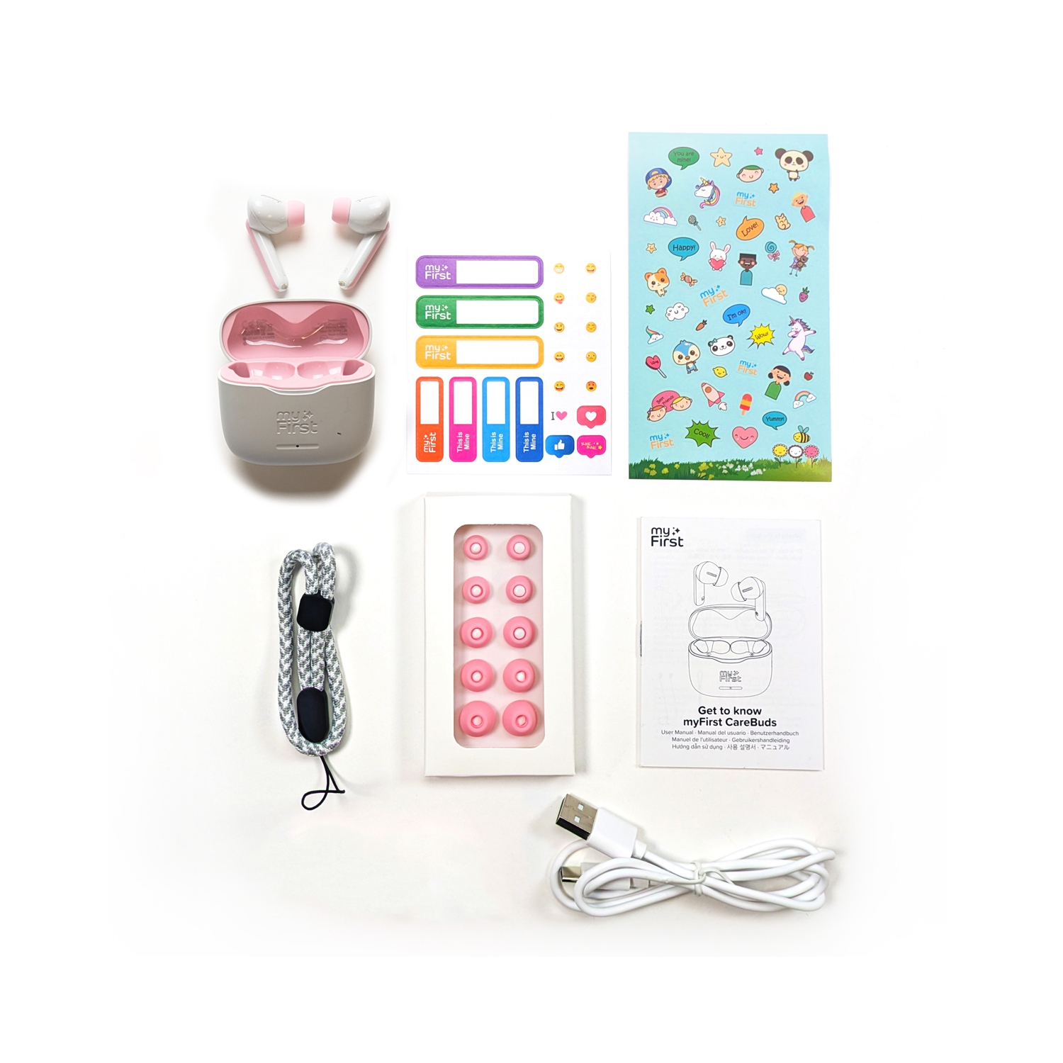 myFirst CareBuds – Wireless Bluetooth Earbuds for Kids, 85dB Limit, Anti-Lost Strap, Built-in Mic, Touch Control, Easy Pairing, Long Playtime, Safe