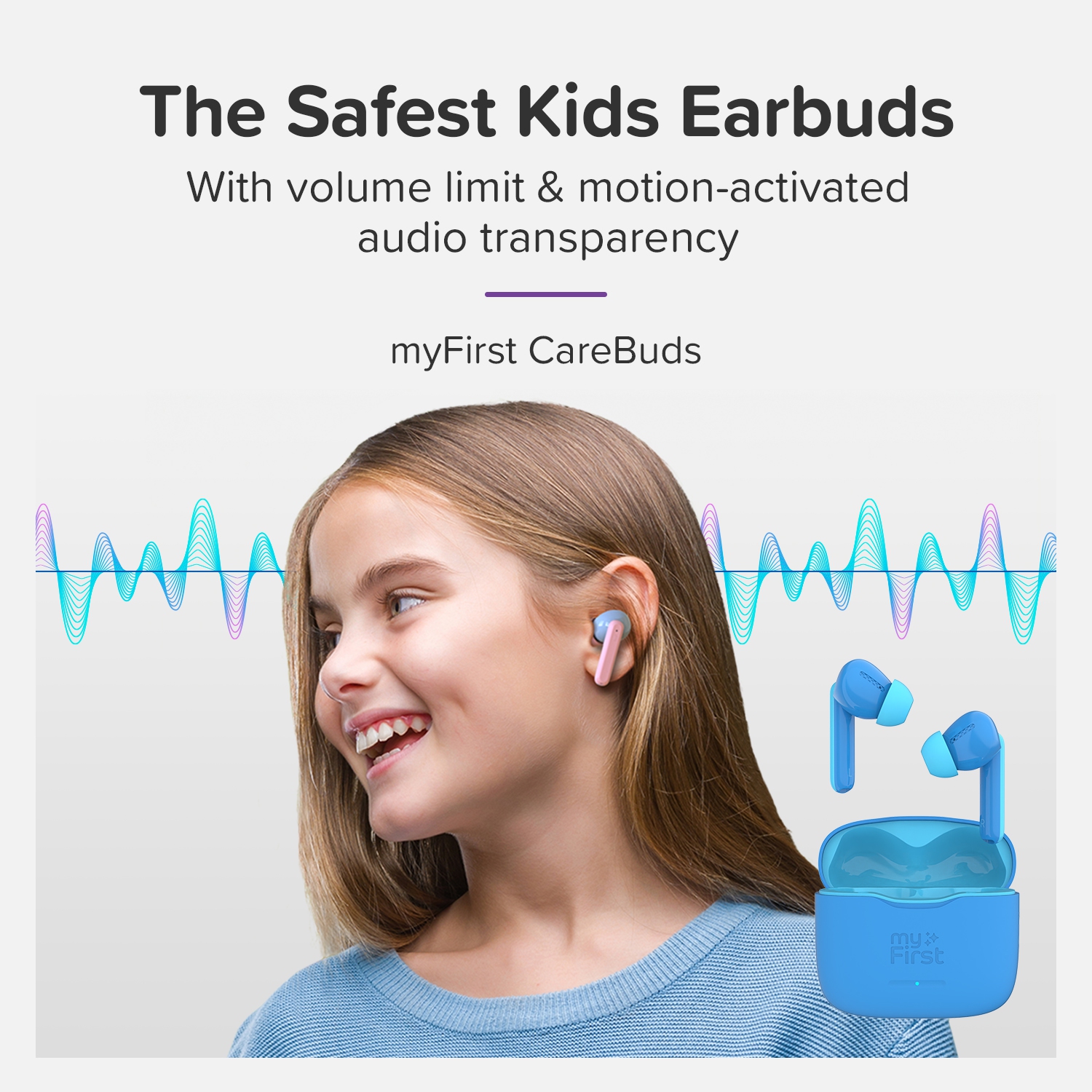 myFirst CareBuds – Wireless Bluetooth Earbuds for Kids, 85dB Volume Limit, Anti-Lost Strap, Built-in Mic, Touch Control, Easy Pairing, Long Playtime,