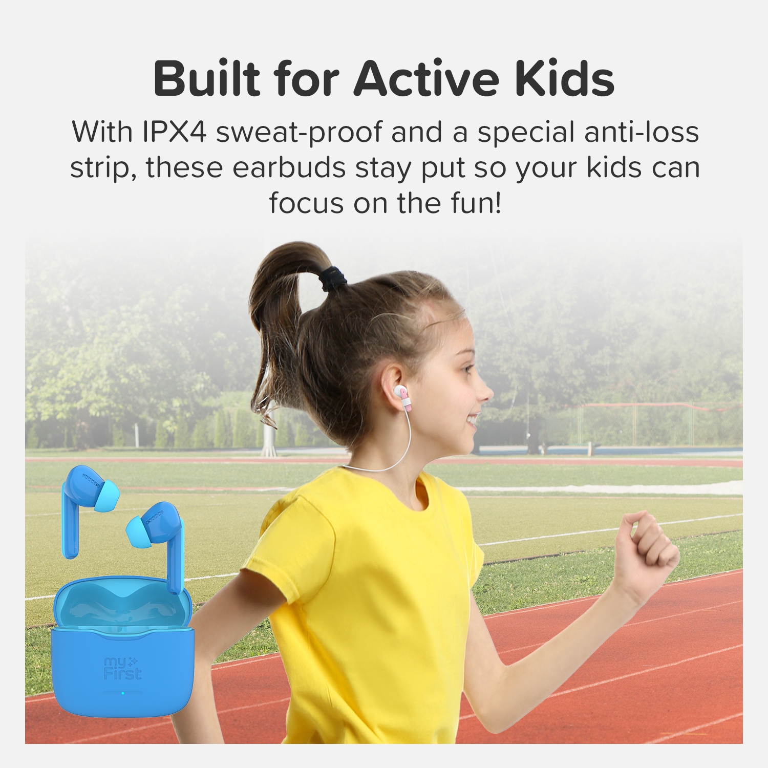 myFirst CareBuds – Wireless Bluetooth Earbuds for Kids, 85dB Volume Limit, Anti-Lost Strap, Built-in Mic, Touch Control, Easy Pairing, Long Playtime,