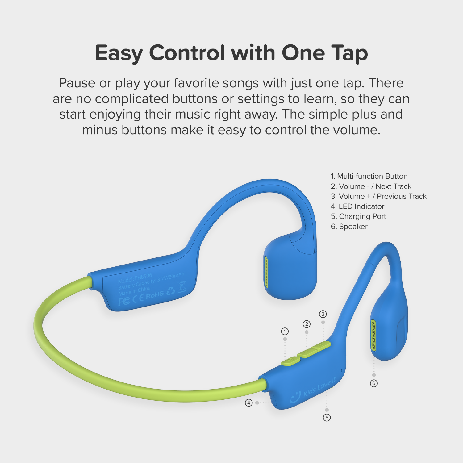 MyFirst Headphones Airwave Écouteurs Bluetooth sans fil à conduction d'air avec micro pour enfants de 4 à 12 ans, limite de sécurité 85&nbsp;dB,