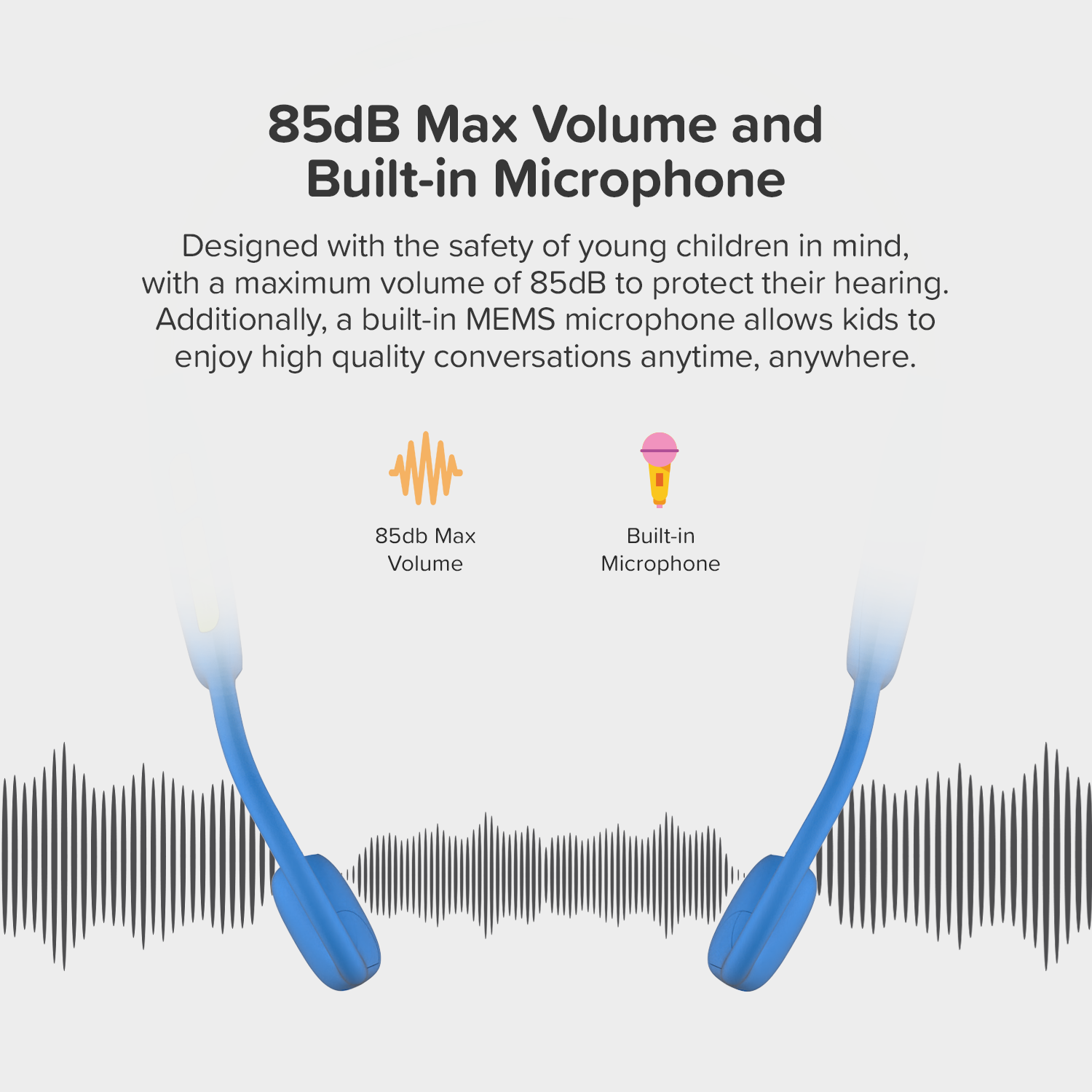 MyFirst Headphones Airwave Écouteurs Bluetooth sans fil à conduction d'air avec micro pour enfants de 4 à 12 ans, limite de sécurité 85&nbsp;dB,