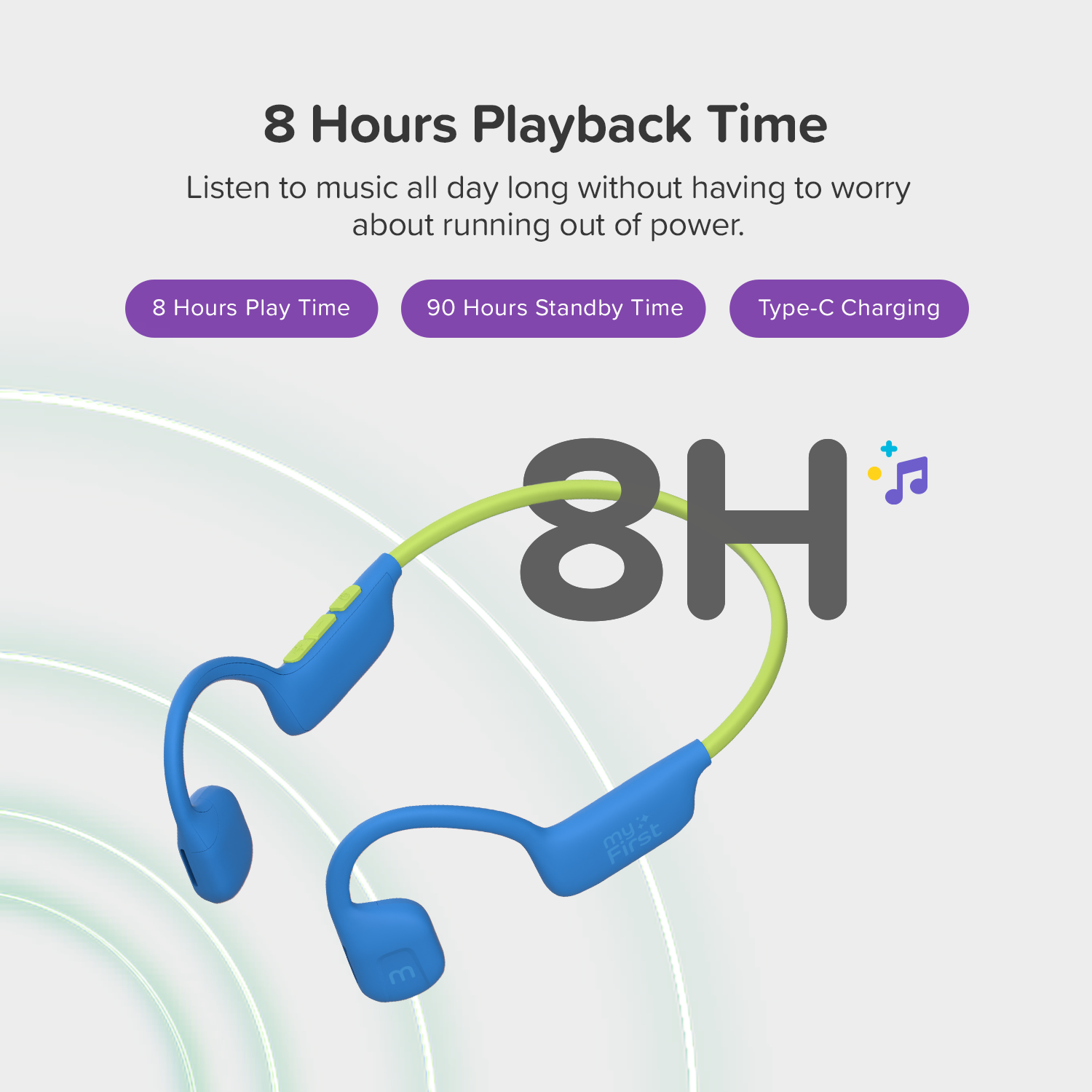 MyFirst Headphones Airwave Écouteurs Bluetooth sans fil à conduction d'air avec micro pour enfants de 4 à 12 ans, limite de sécurité 85&nbsp;dB,