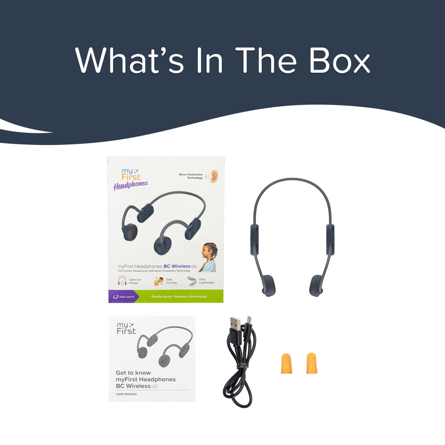 myFirst Headphones BC Wireless Lite - Bone Conduction, Open Ear Bluetooth Truly Wireless Headphones For Kids - Space Blue