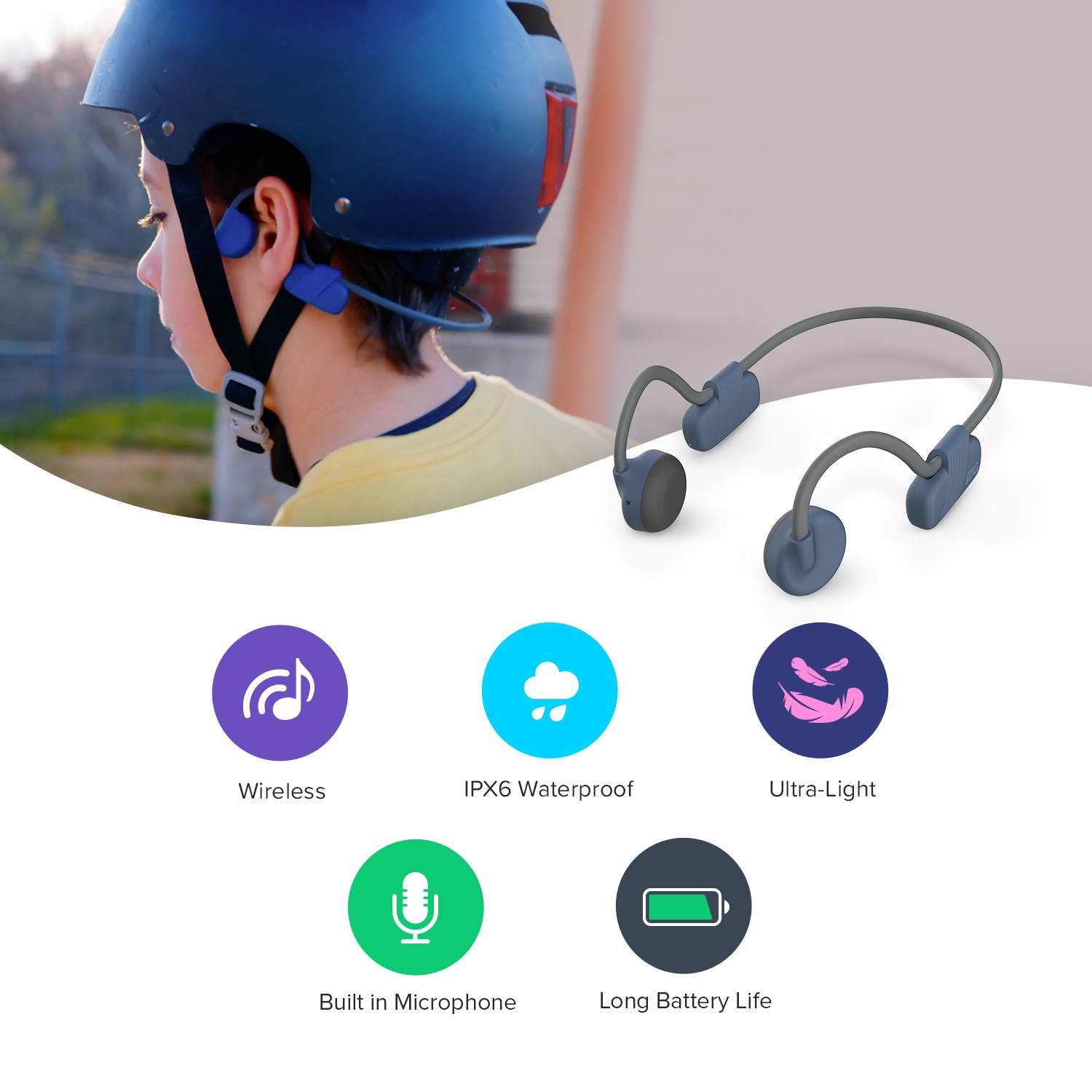 myFirst Headphones BC Wireless Lite - Bone Conduction, Open Ear Bluetooth Truly Wireless Headphones For Kids - Space Blue