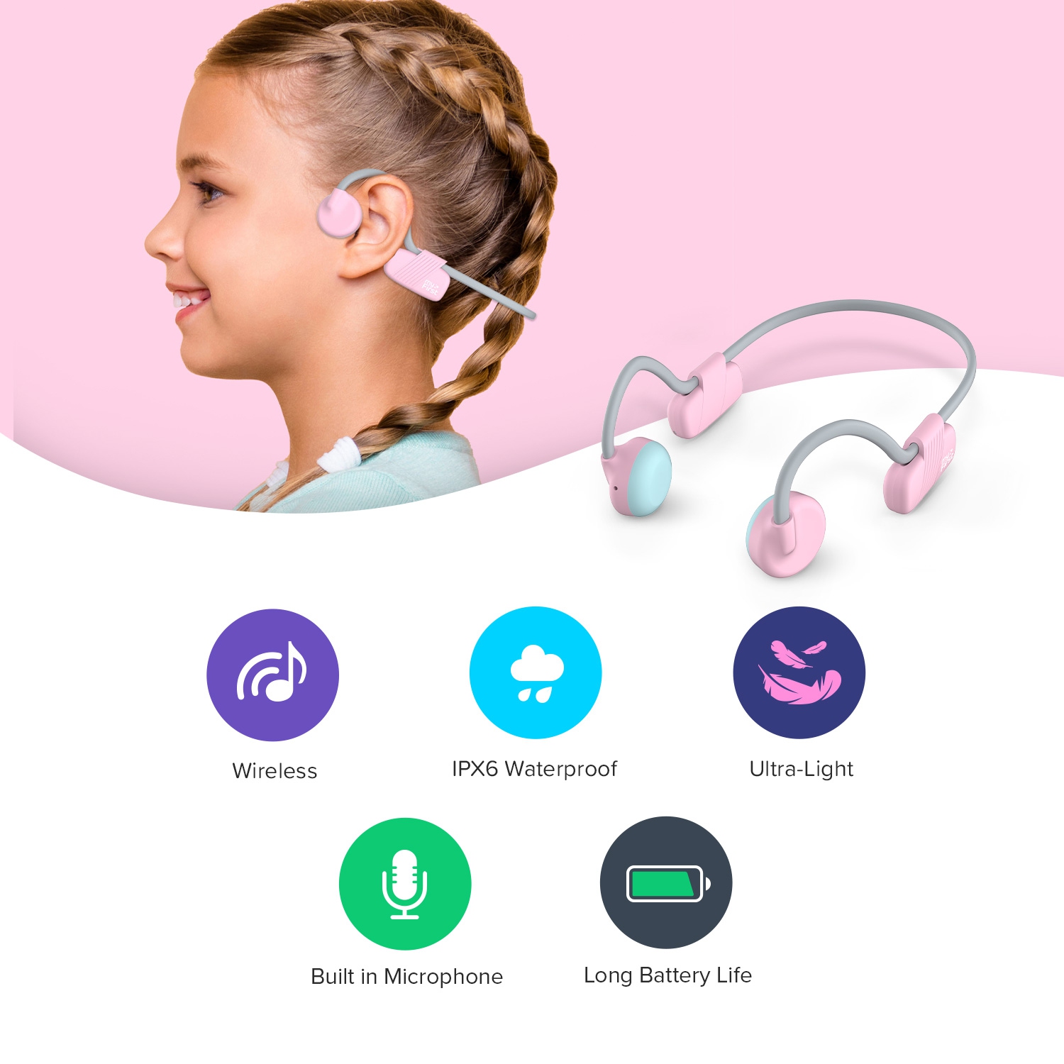 Écouteurs sans fil myFirst BC Lite - conduction osseuse rose, écouteurs boutons ouverts 100 % sans fil Bluetooth pour enfants - barbe à papa