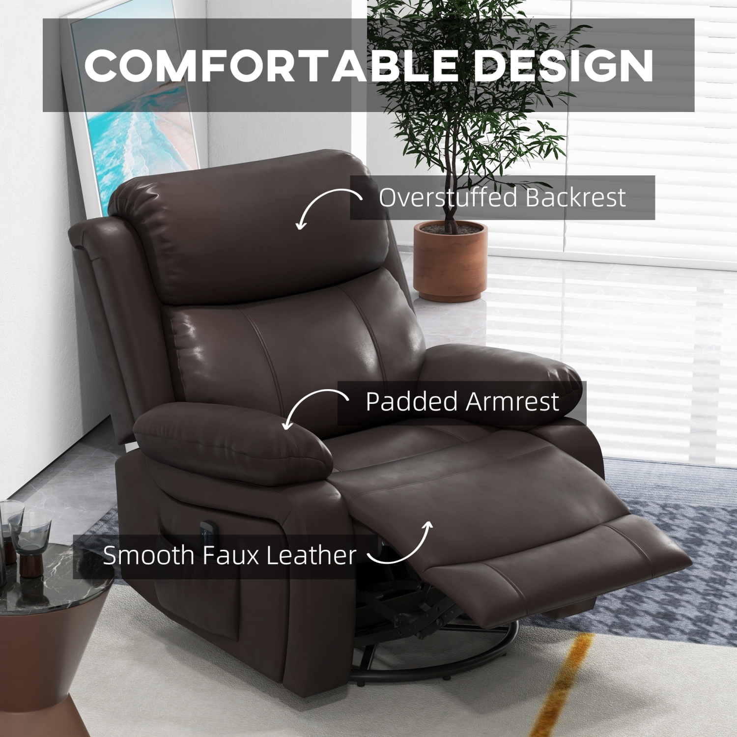 Fauteuil de massage inclinable de HOMCOM, fauteuil berçant pivotant pour salon, canapé inclinable manuel en cuir PU avec télécommande et pochettes