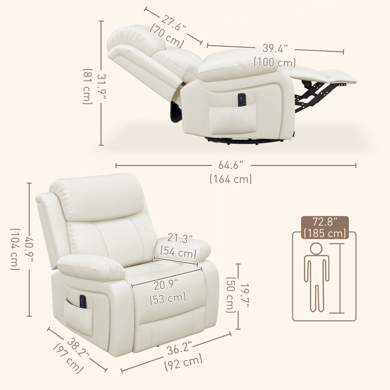 Fauteuil de massage inclinable de HOMCOM, fauteuil berçant pivotant pour salon, canapé inclinable manuel en cuir PU avec télécommande et pochettes