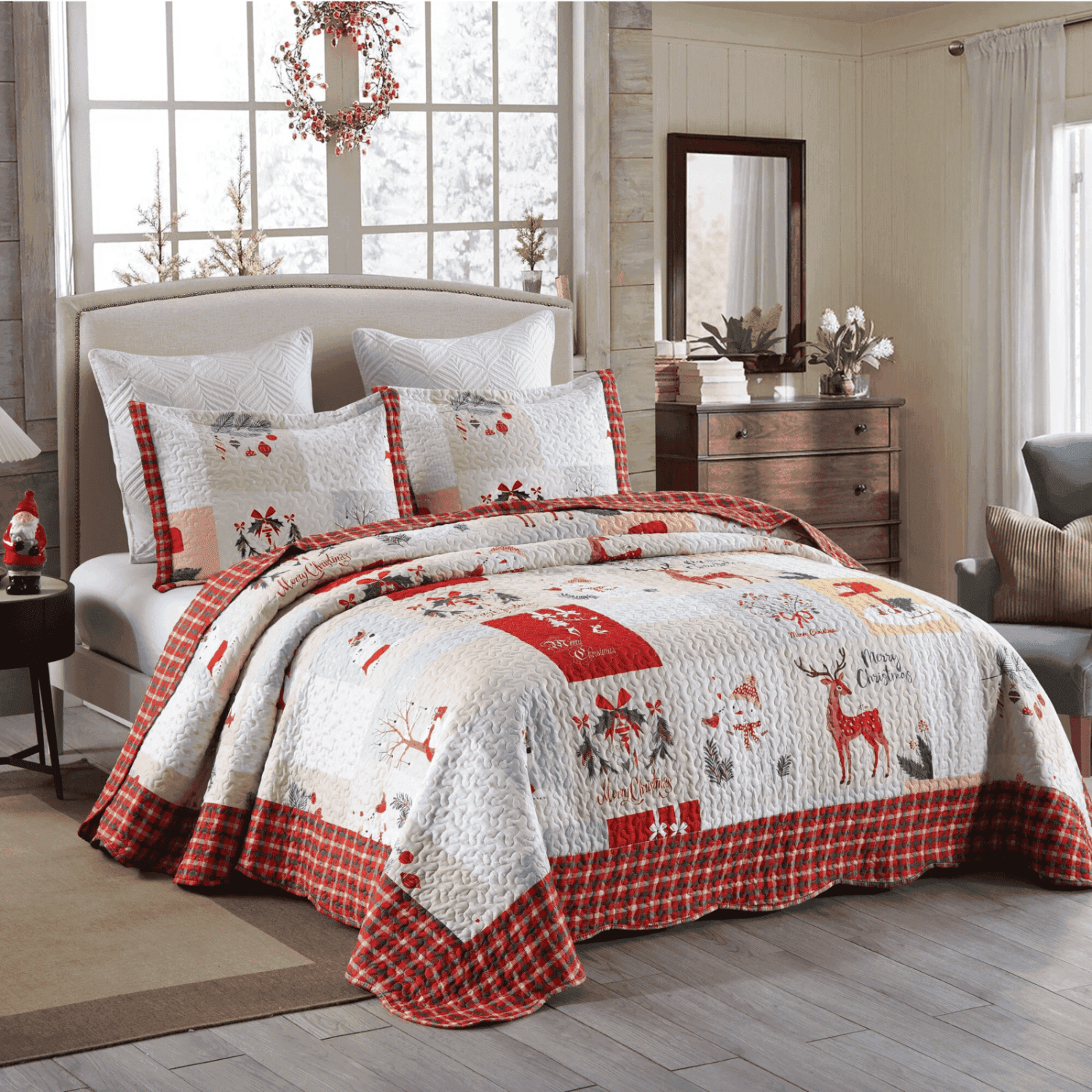MarCielo Christmas Quilt Bedspread Set Queen Size - Holiday Bedding Gift for Kids Adults, 1 Quilt 2 Pillow Shams