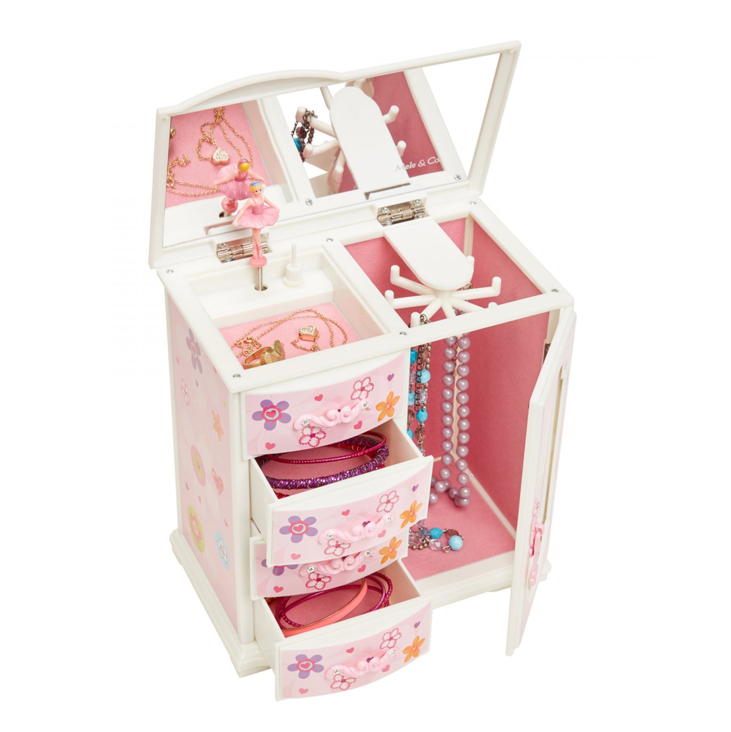 La boîte à bijoux musicale Kelly peinte en fleurs roses et blanches ballerine Original pour filles est un meuble de rangement à plusieurs tiroirs