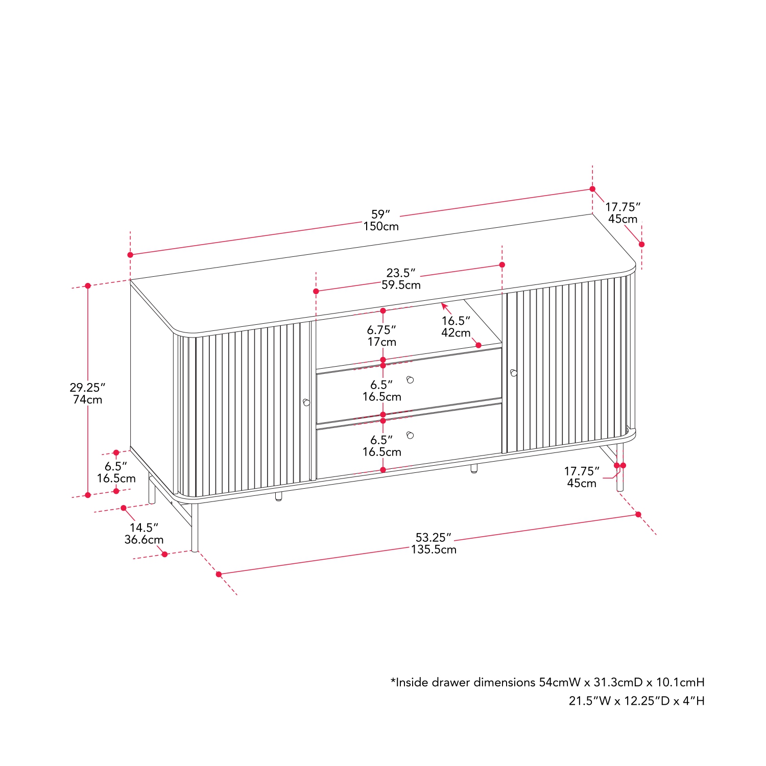 CorLiving Hikari Curved Sideboard Buffet TV Stand with drawers and steel legs