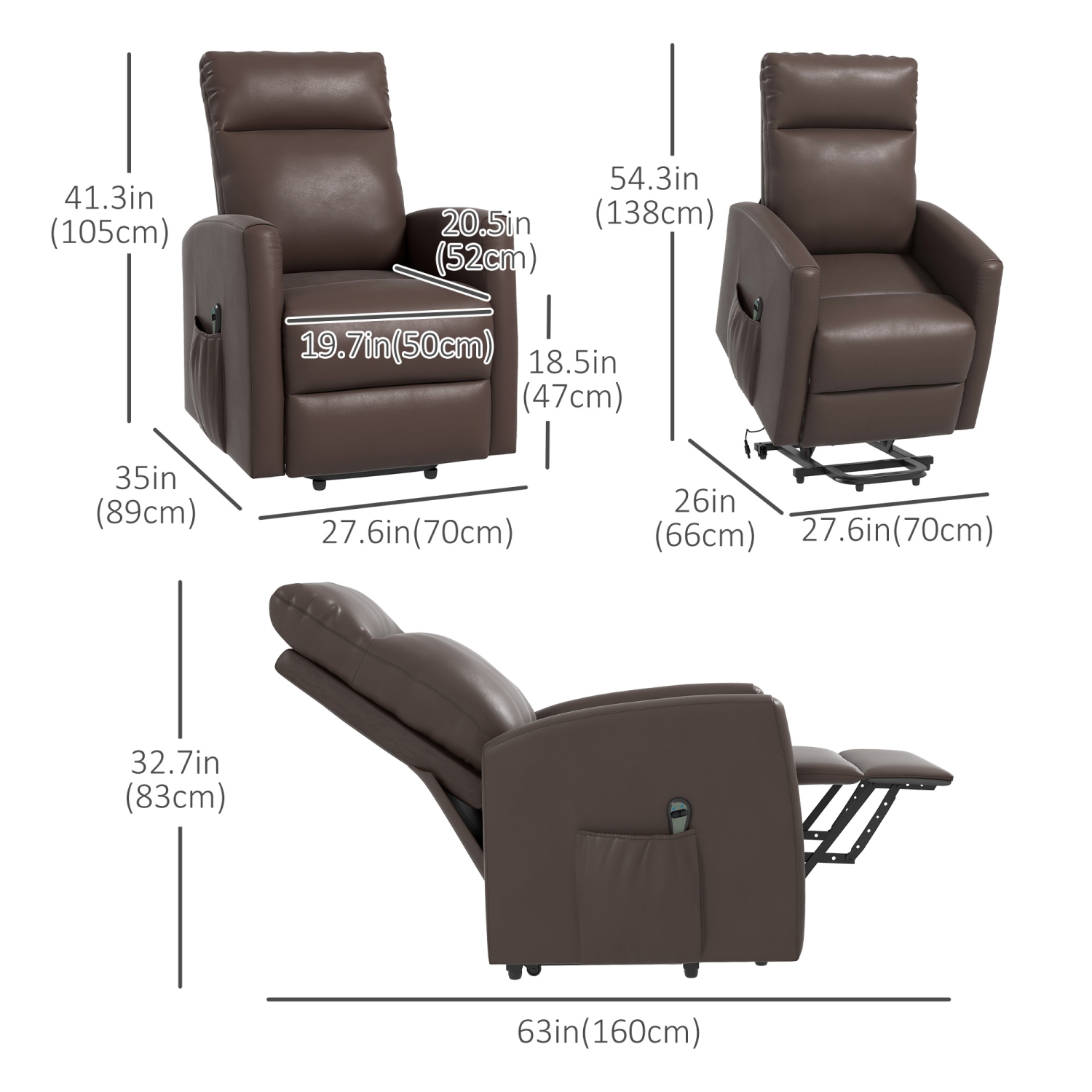 HOMCOM Power Lift Chair, Electric Recliner for Elderly, Padded Reclining  Chair with Remote Control, Side Pockets for Living Room, Brown