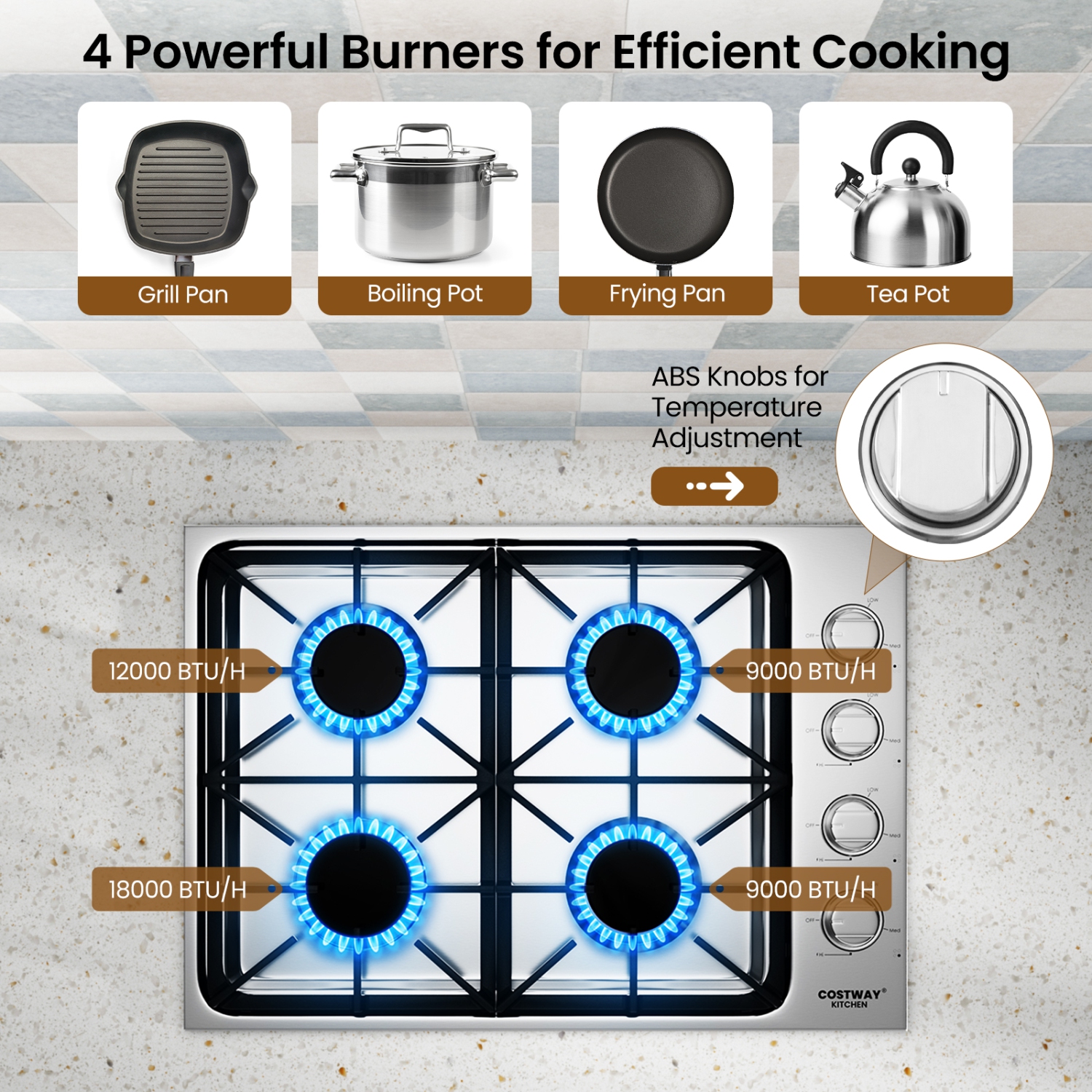 Costway 30" 4 Burners Gas Cooktop Built-in Stovetop - Stainless Steel