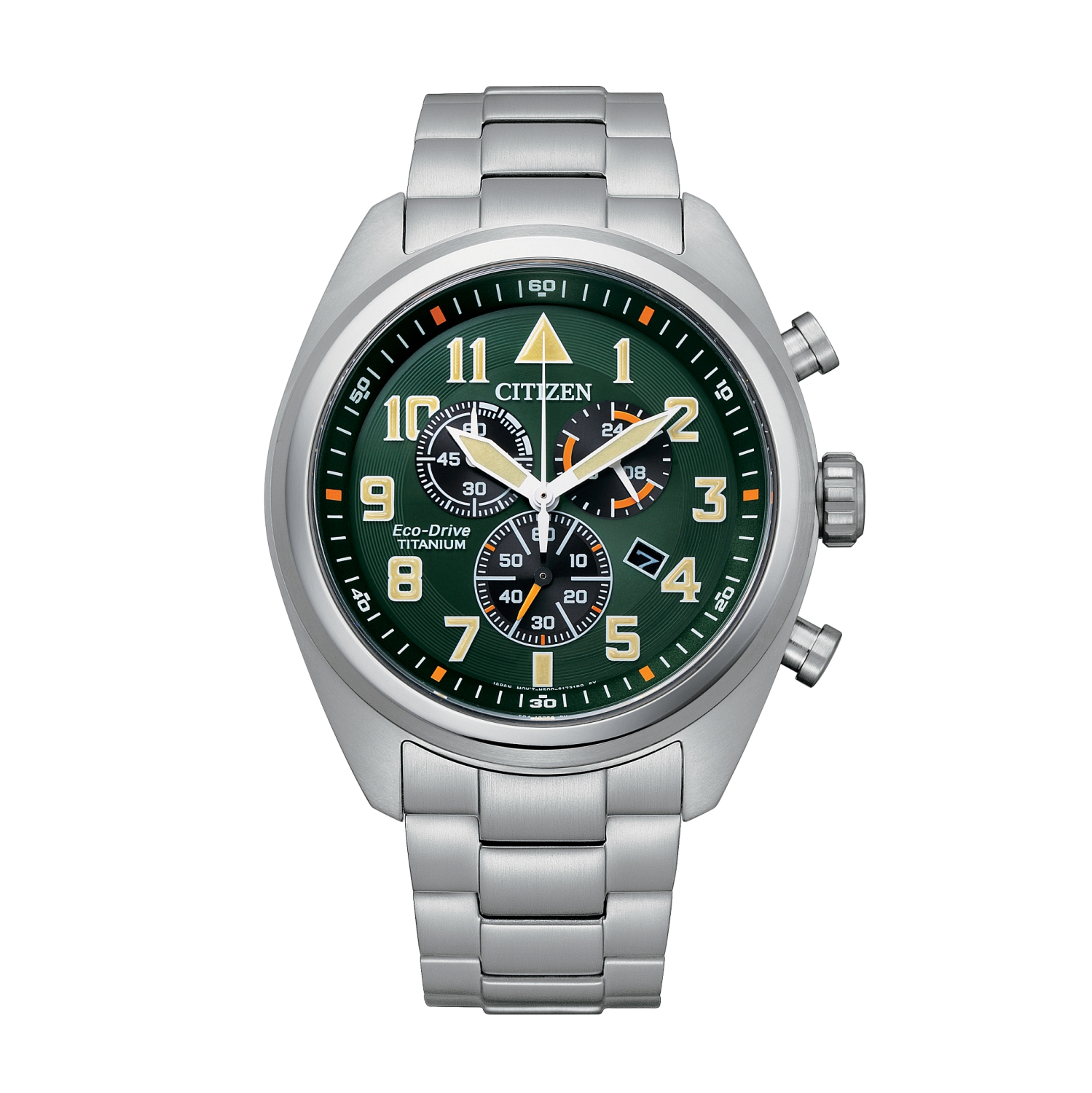 Citizen Mens Super Titanium Eco-Drive Watch 44mm Silver-Tone Super Titanium Case and Bracelet with Green Dial (AT2480-81X)