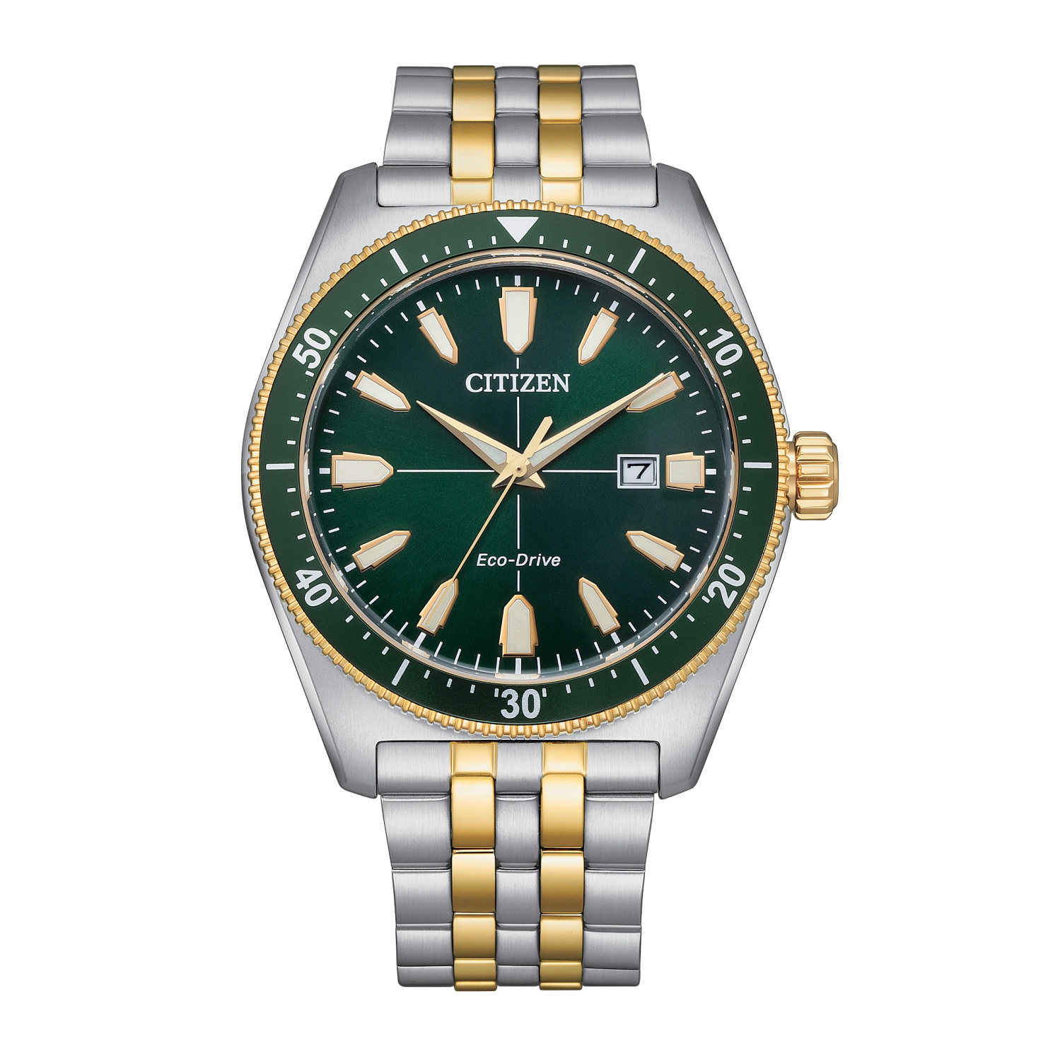 Citizen Mens Brycen Japanese Eco-Drive Watch 43mm Two-Tone Stainless Steel Case and Bracelet with Green Dial (AW1594-89X)