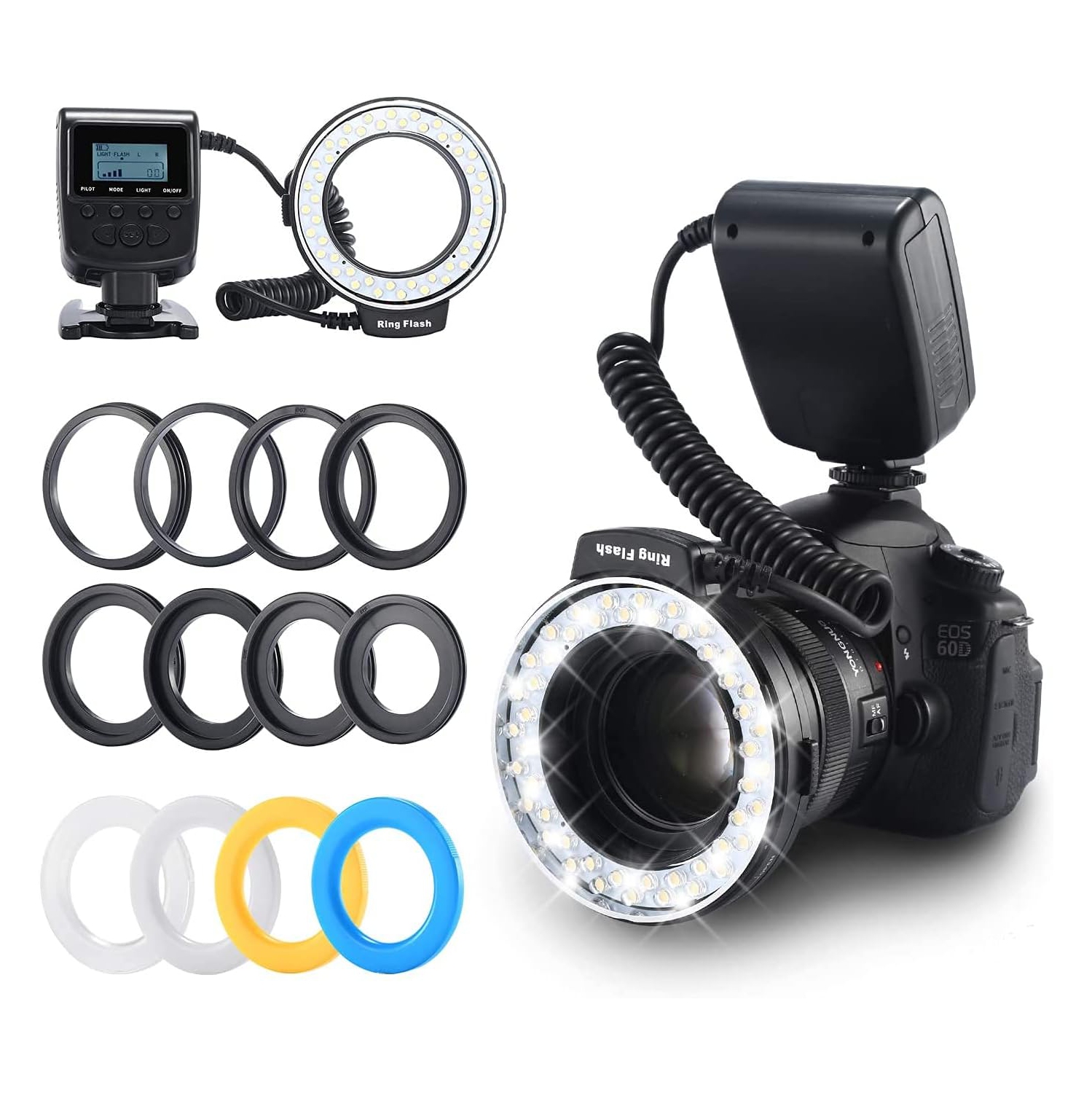Ring Flash, E 48 Macro LED Flash Light with LCD Display Power Control, Adapter Rings and Flash Diffuser for Canon, Nikon DSLR Cameras