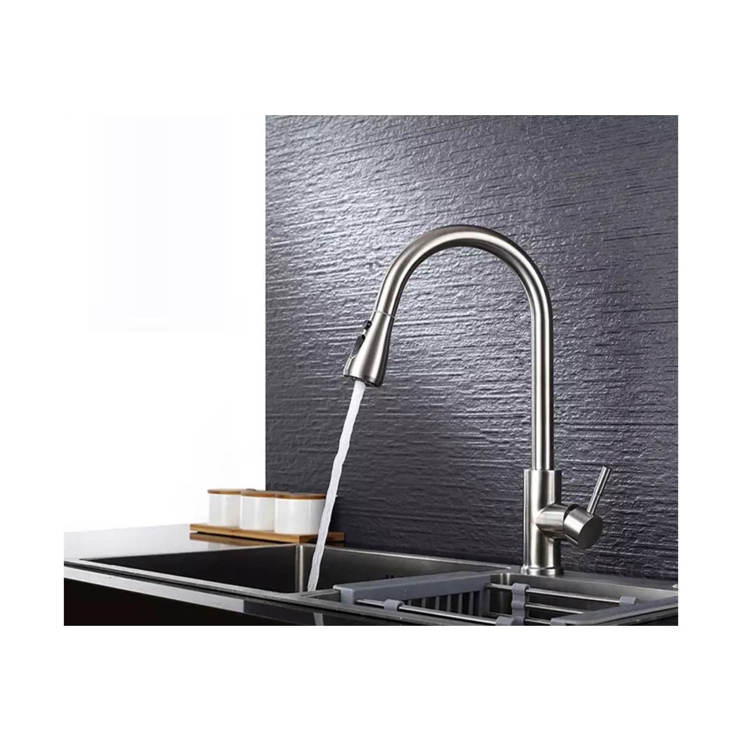 Robinet de cuisine rétractable MAX Faucets trois fonctions fini nickel brossé