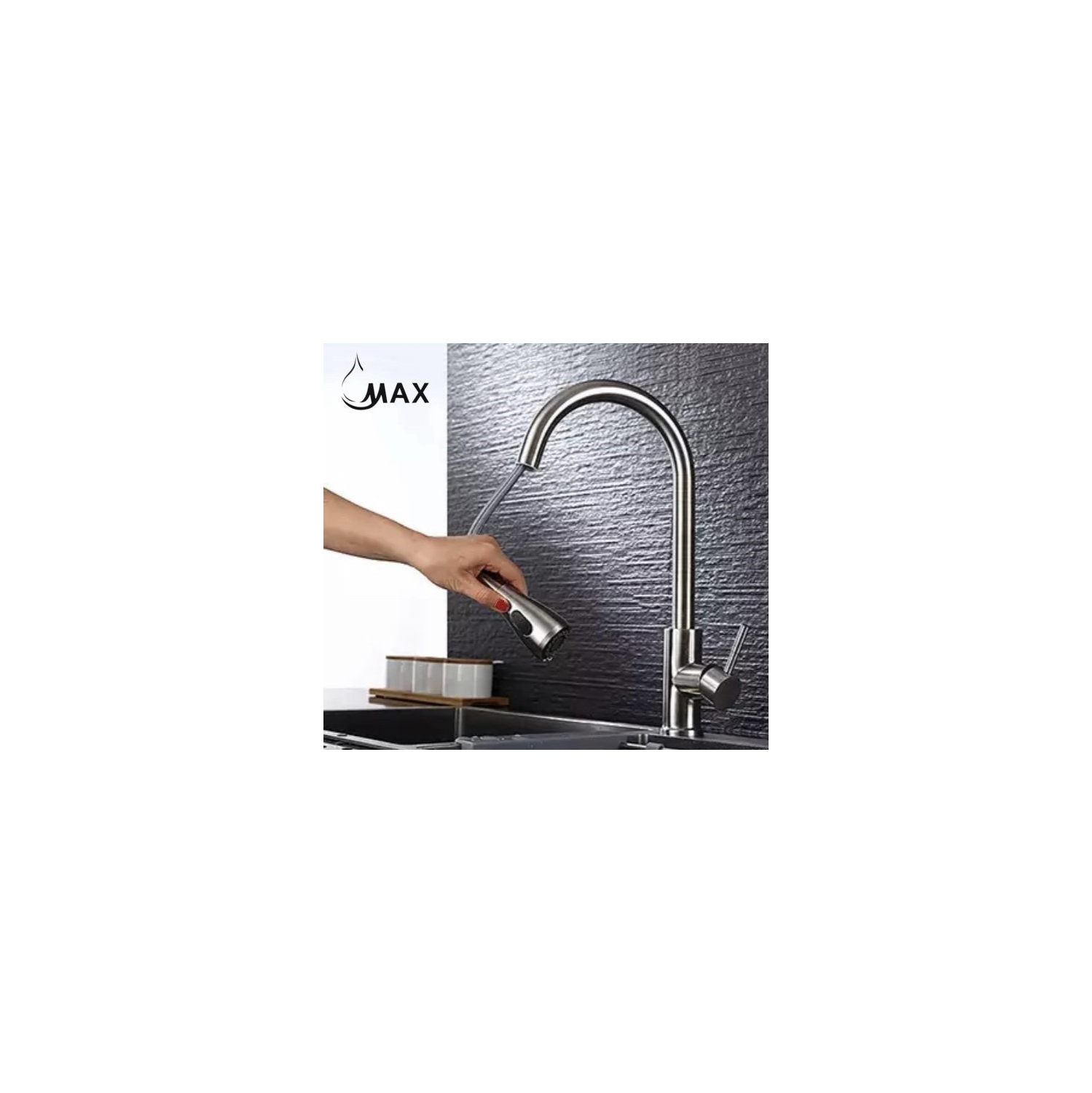 Robinet de cuisine rétractable MAX Faucets trois fonctions fini nickel brossé