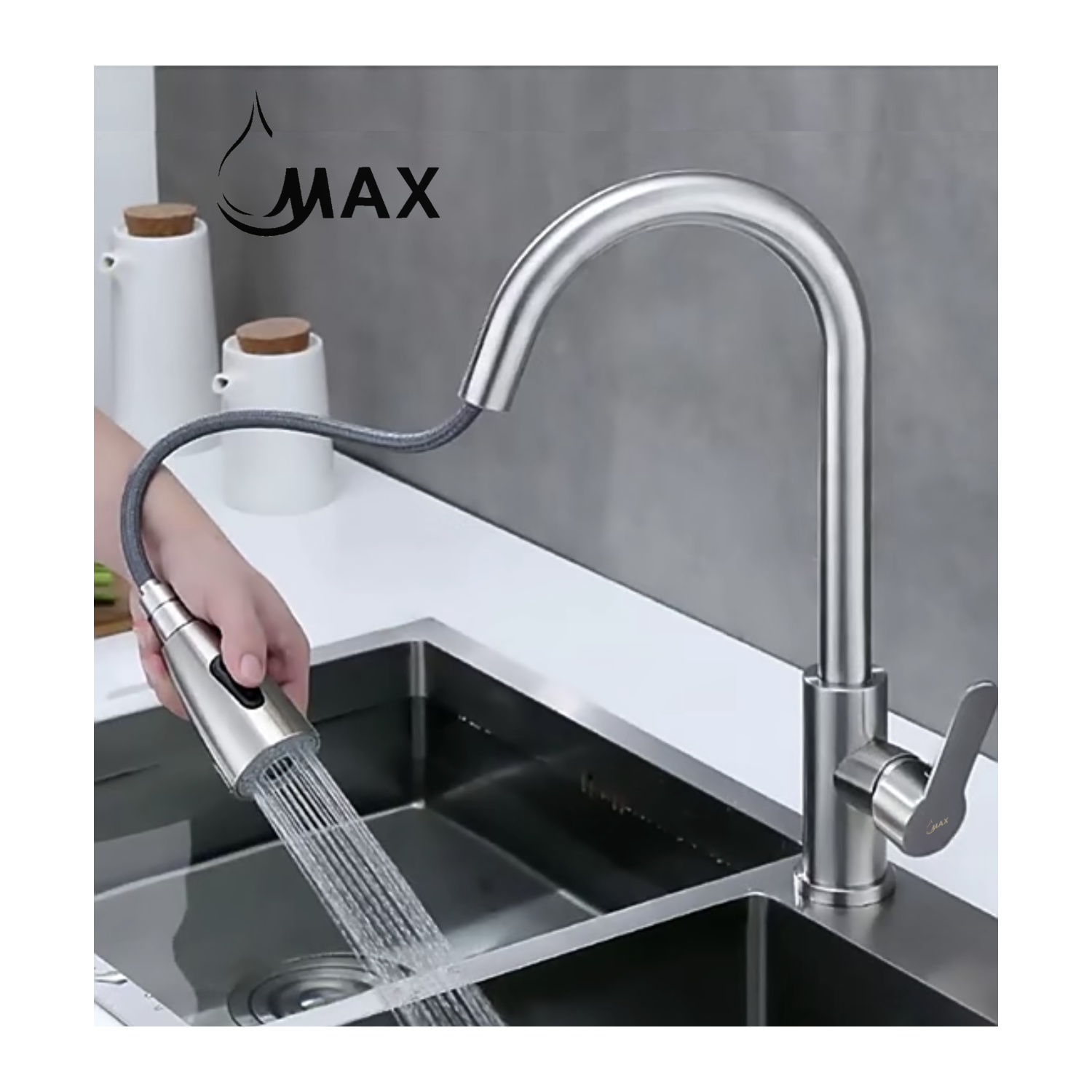MAX Faucets Pull-Out Kitchen Faucet Single Handle 16" Brushed Nickel Finish