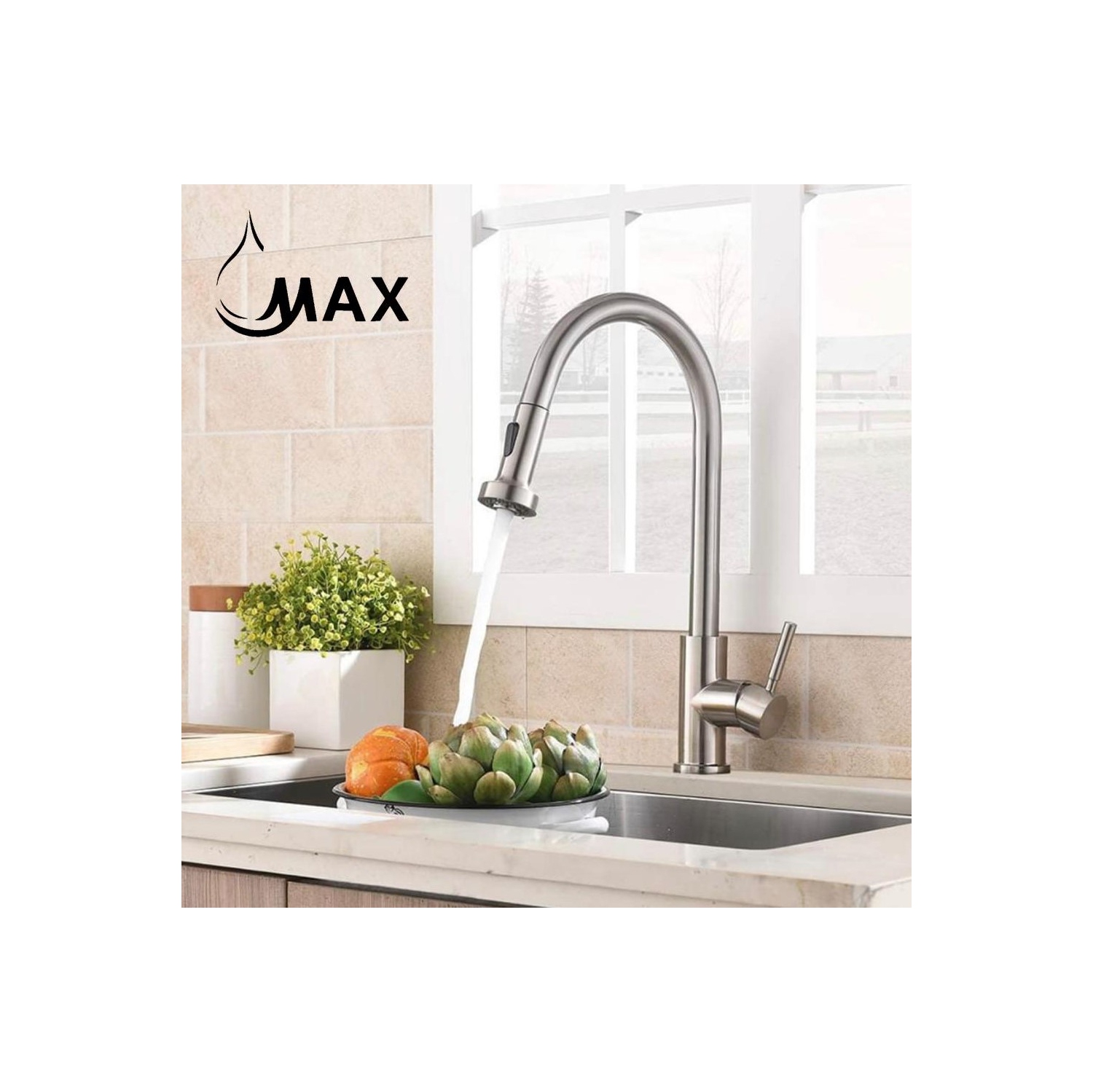 MAX Faucets Pull-Out Single Handle Kitchen Faucet 16" Brushed Nickel Finish