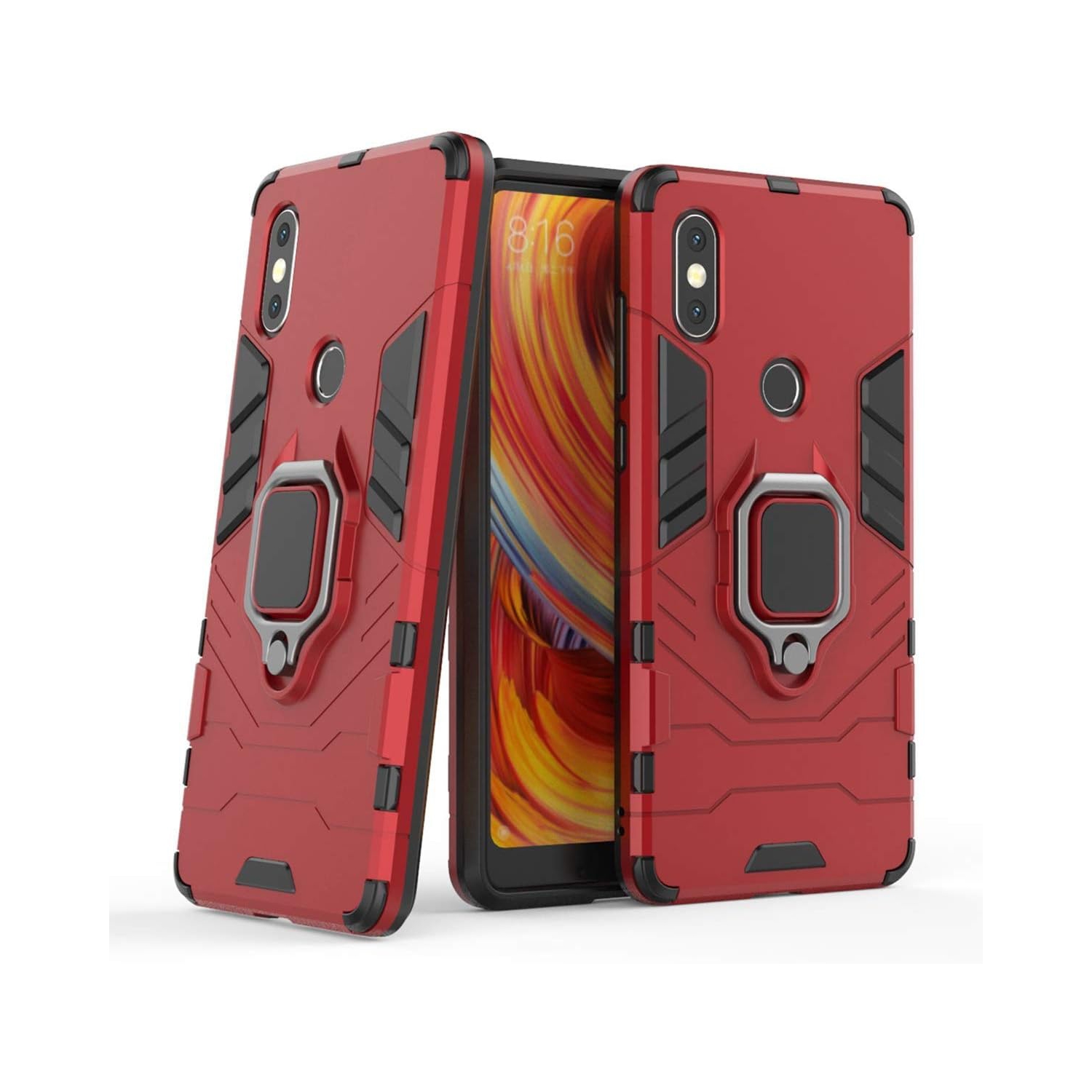 Compatible with Xiaomi Mi Mix 2S Case, Metal Ring Grip Kickstand Shockproof Hard Bumper Shell (Works with Magnetic Car