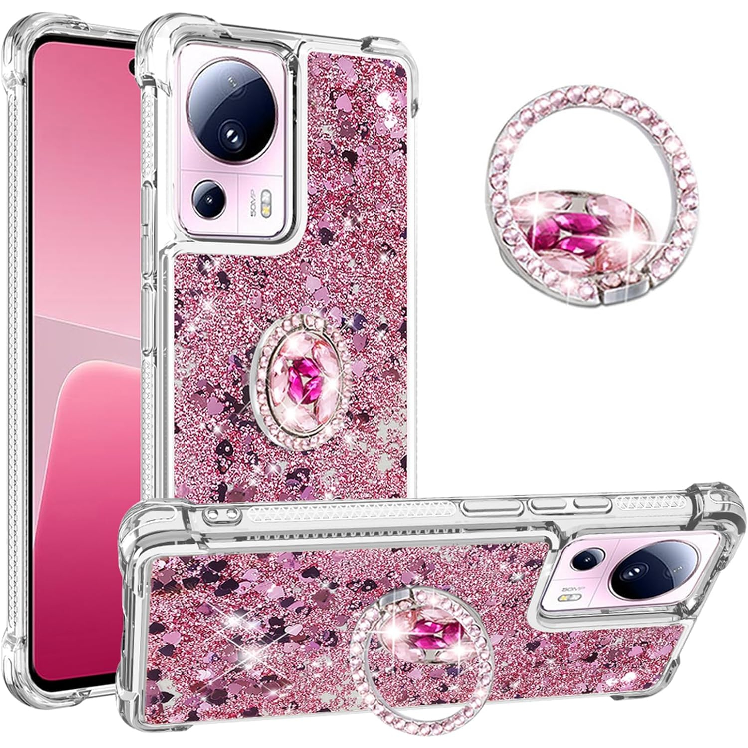 Glitter Clear Sparkly Bling Case for Xiaomi 13 Lite, Flowing Liquid Quicksand Cover with Diamond Ring Holder